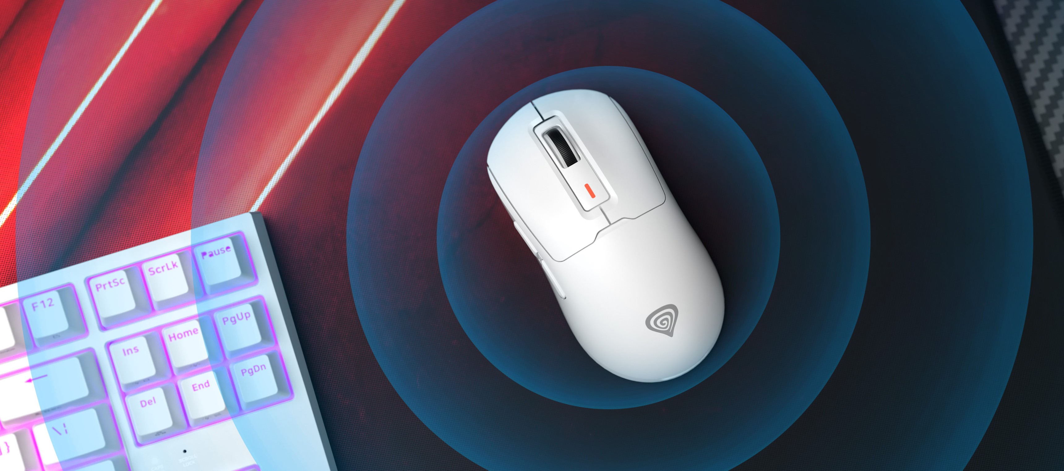 Ratón inalámbrico para juegos Genesis Zircon 660 Pro en blanco, con un diseño elegante y alta precisión de hasta 26.000 PPP, colocado sobre una vibrante alfombrilla para juegos