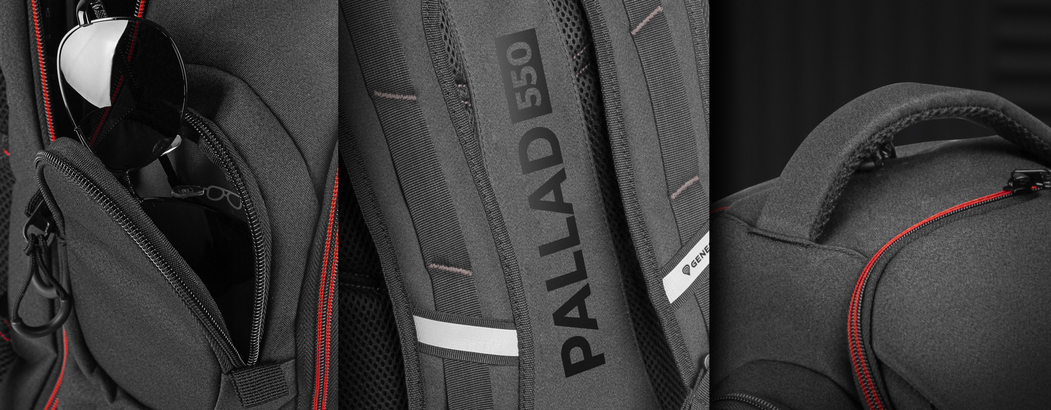 Primer plano de la mochila para portátil Genesis Pallad 550, con su logotipo, bolsillo lateral y detalles de cremallera en negro y rojo