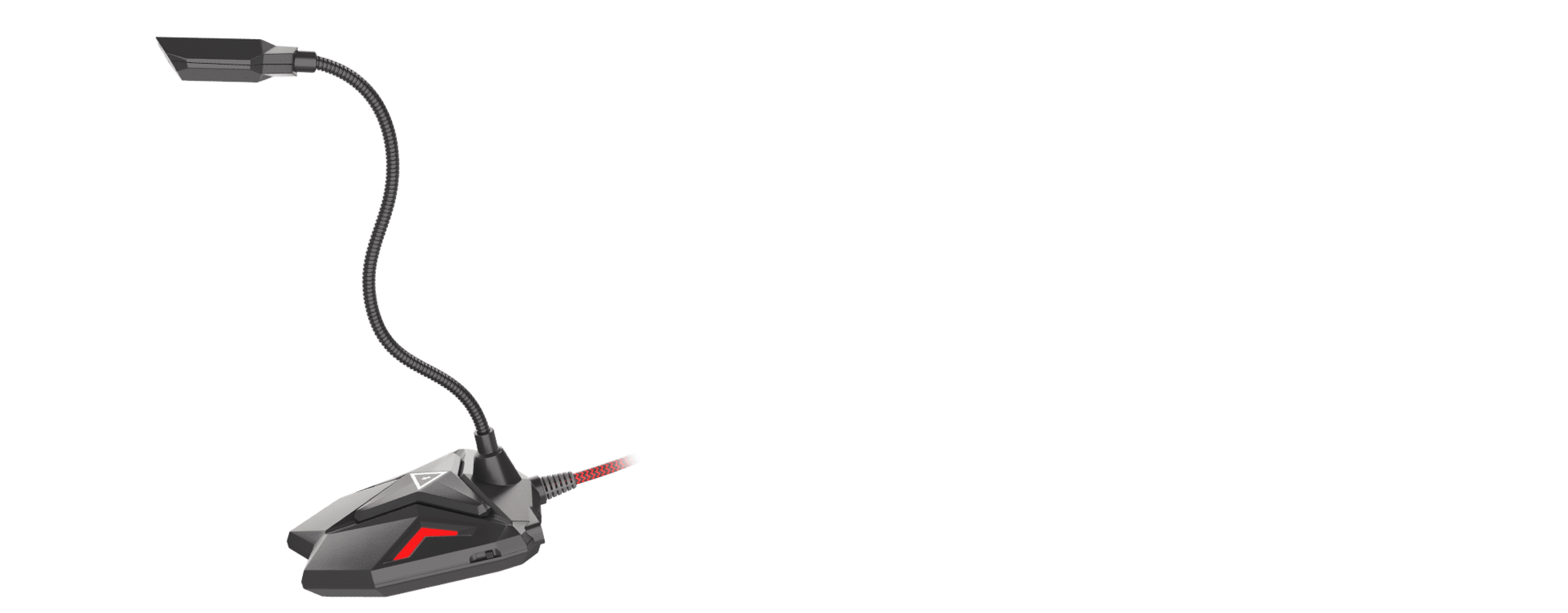 Micrófono de cuello flexible con una base resistente y detalles en rojo, diseñado para juegos y streaming