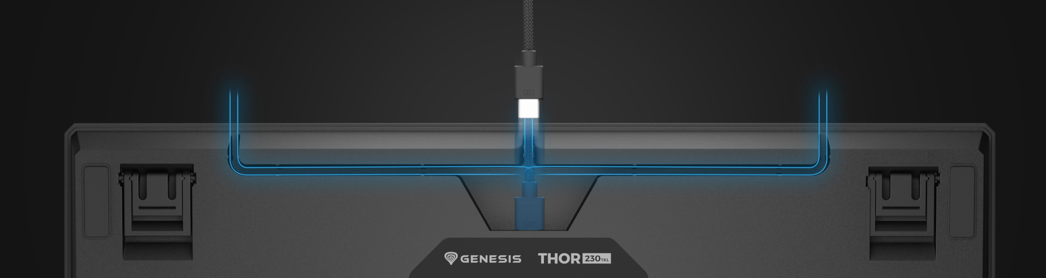 Vista superior del teclado mecánico Genesis Thor 230 TKL Lite, con conector USB-C e iluminación RGB personalizable