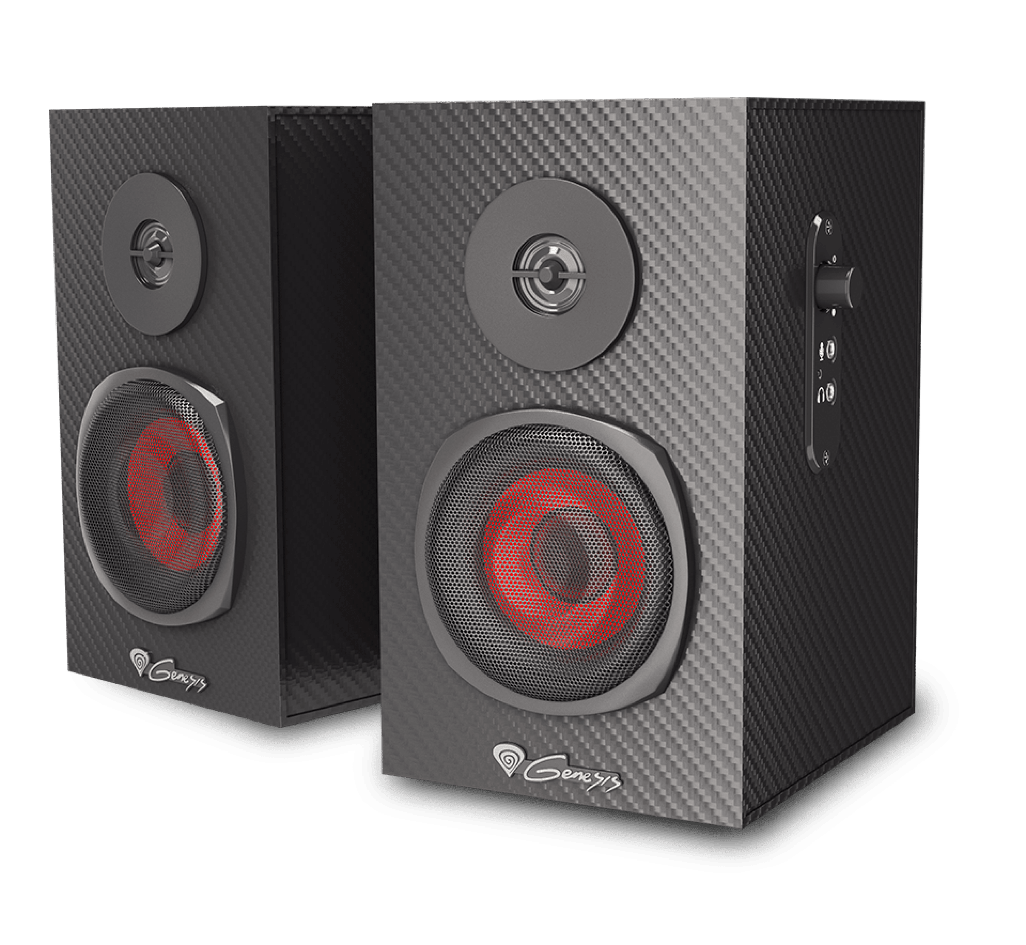 Altavoces Genesis Helium 200 negros con textura de fibra de carbono, controlador frontal con acento rojo y mandos de control en el lateral