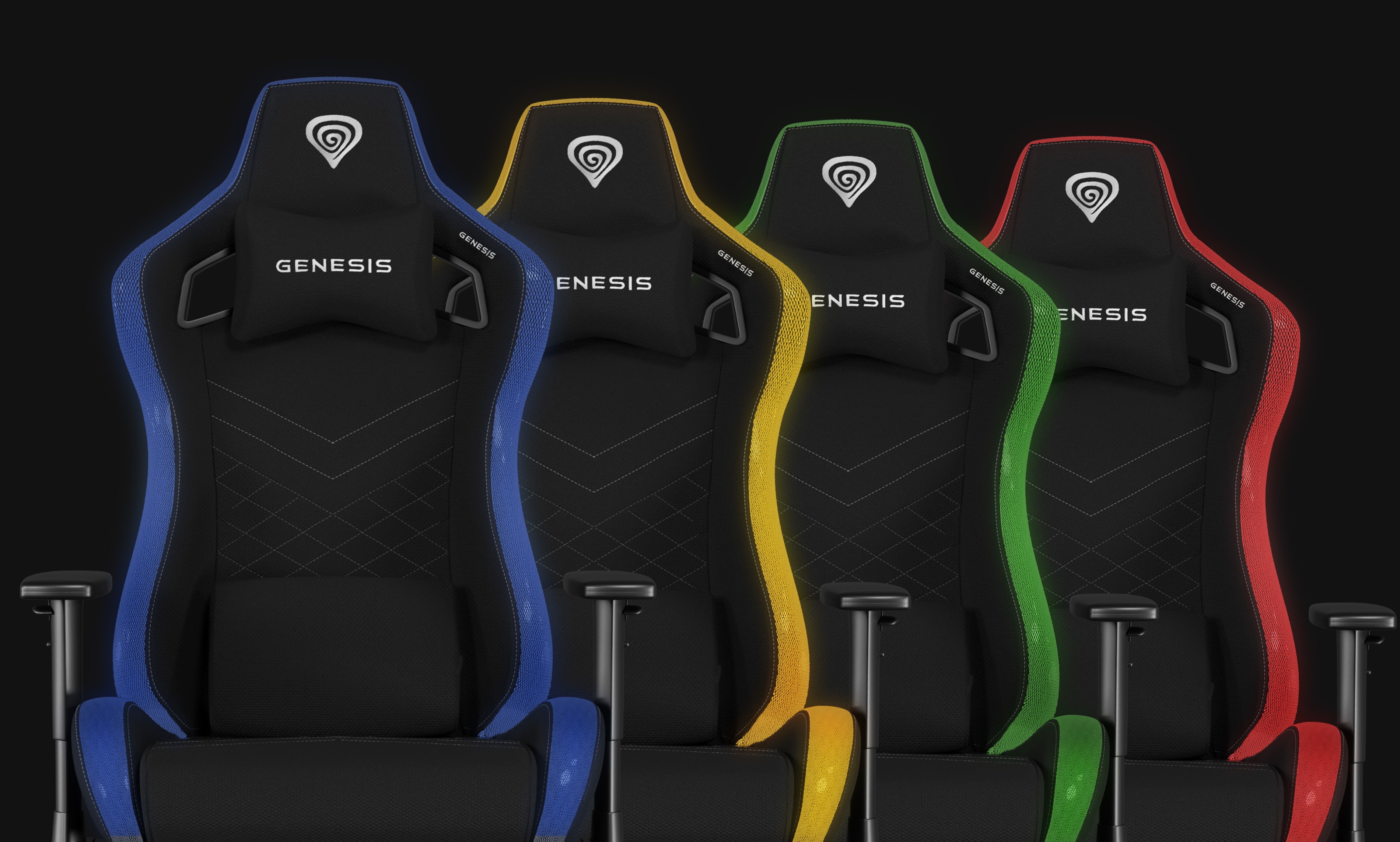 Cuatro sillas de juego Genesis Trit 660 RGB en diferentes colores: azul, amarillo, verde y rojo, que muestran un diseño ergonómico