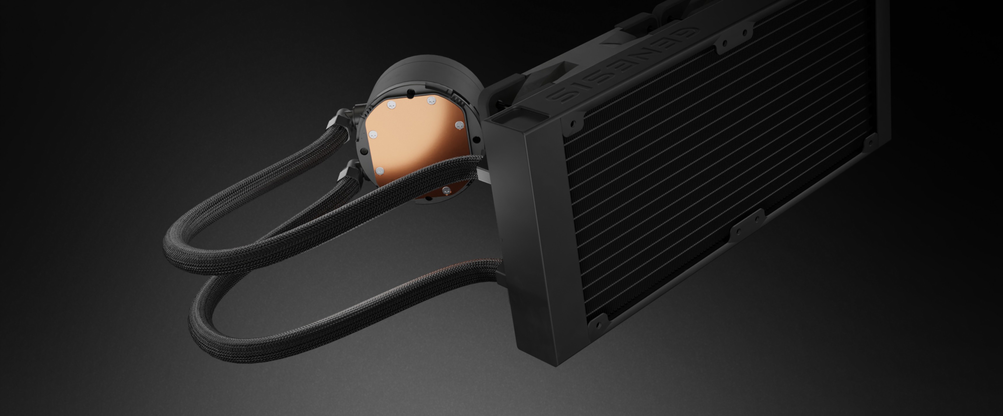 Sistema de refrigeración por agua negro Genesis Hydria 240 ARGB con un elegante radiador y tubos de conexión. Incorpora una bomba integrada