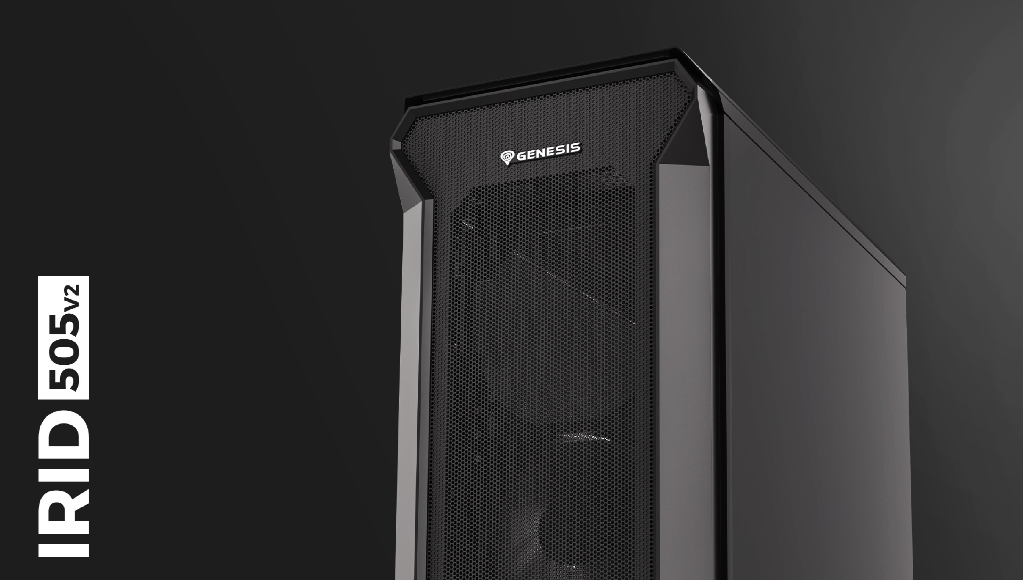 Caja torre MIDI Genesis IRID 505 V2 negra con panel frontal de malla y ventana