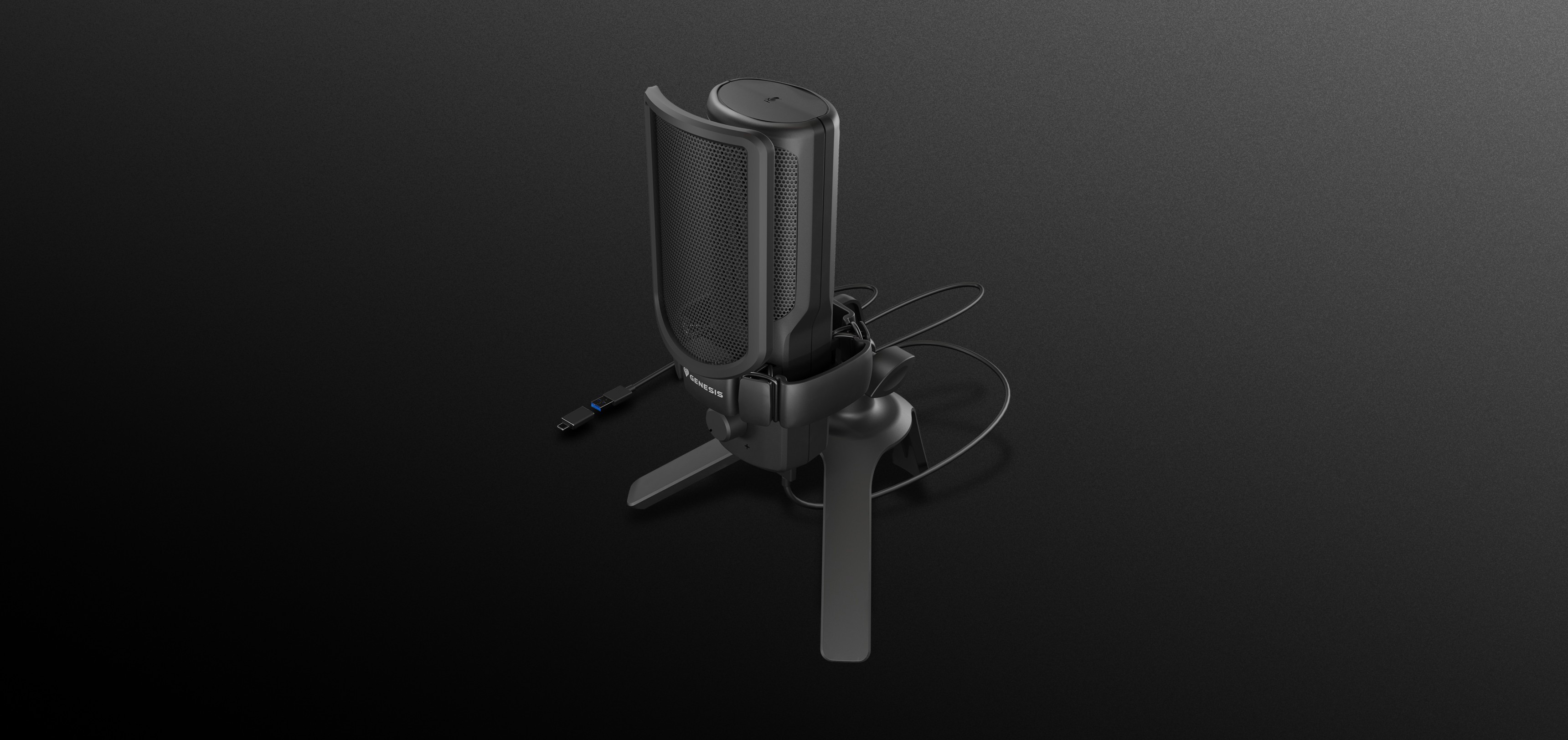 Micrófono USB negro de diseño elegante, montado sobre un soporte trípode y con cable de conexión