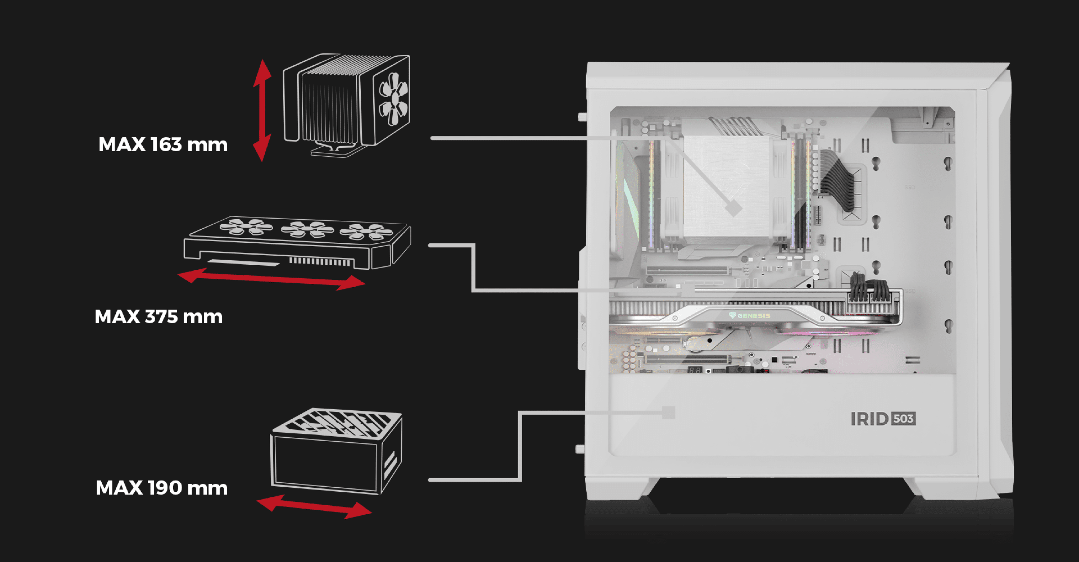Minitorre Genesis IRID 503 ARGB Lite MATX blanca con panel lateral transparente y dimensiones para componentes perfiladas
