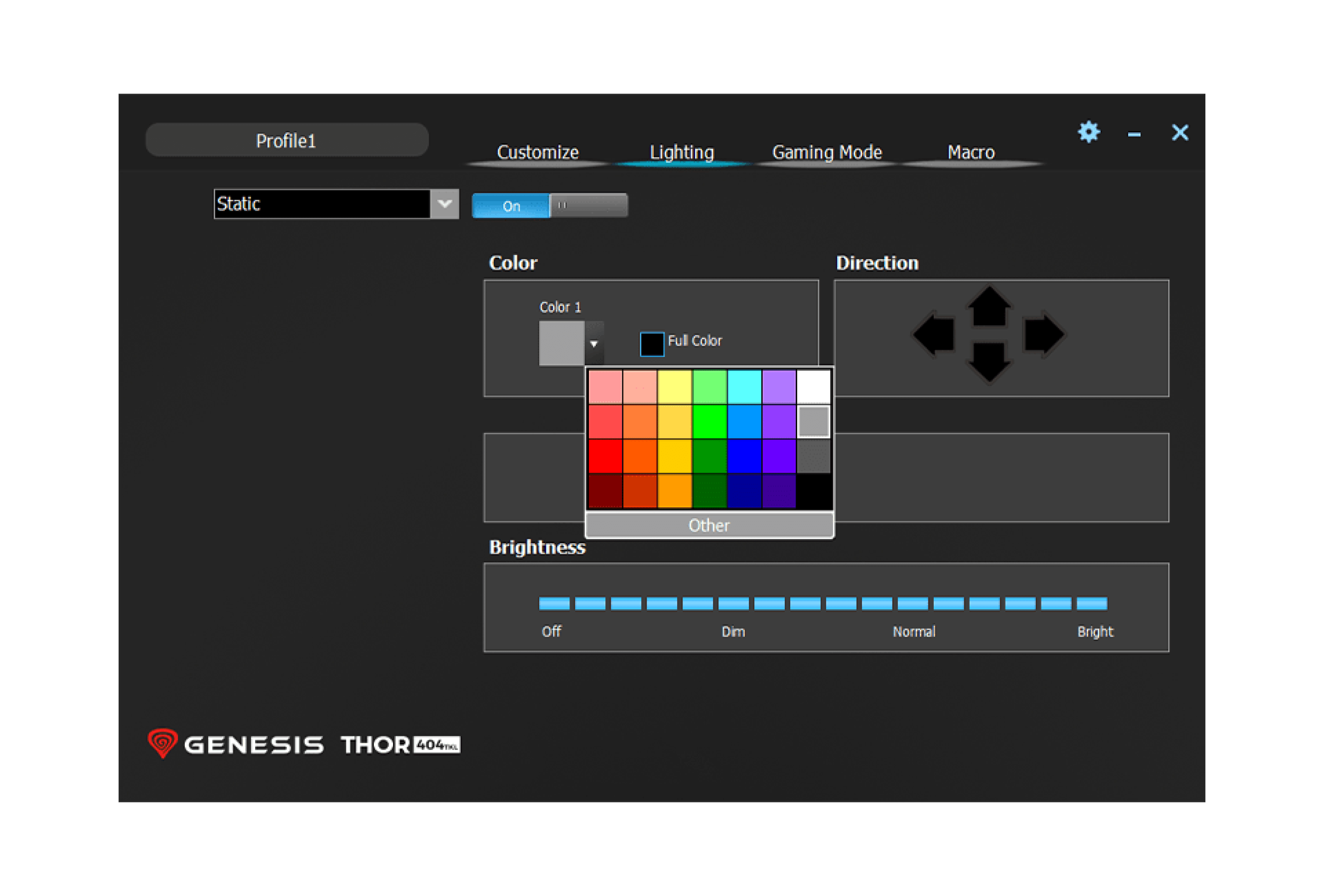 Interfaz de software para el teclado Genesis Thor 404 TKL, que muestra opciones de iluminación RGB con ajustes de color y brillo