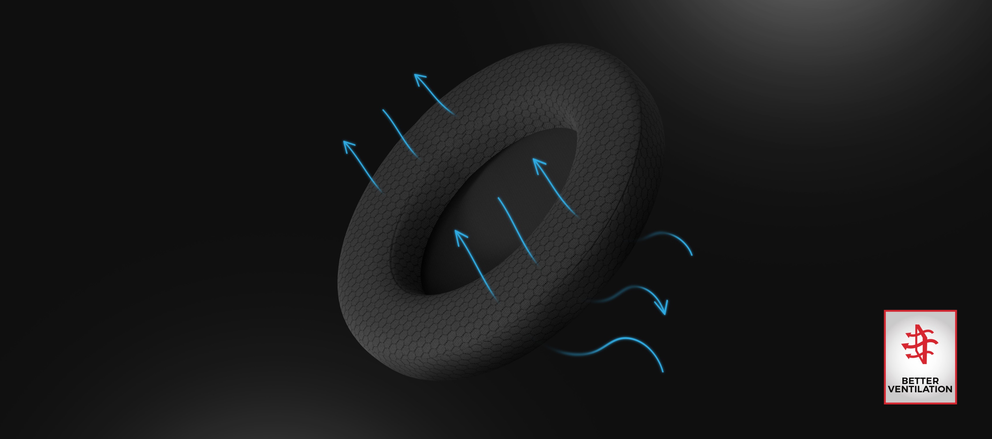 Almohadilla auricular negra con flechas de flujo de aire que indican las características de ventilación. Superficie texturizada diseñada para mayor comodidad