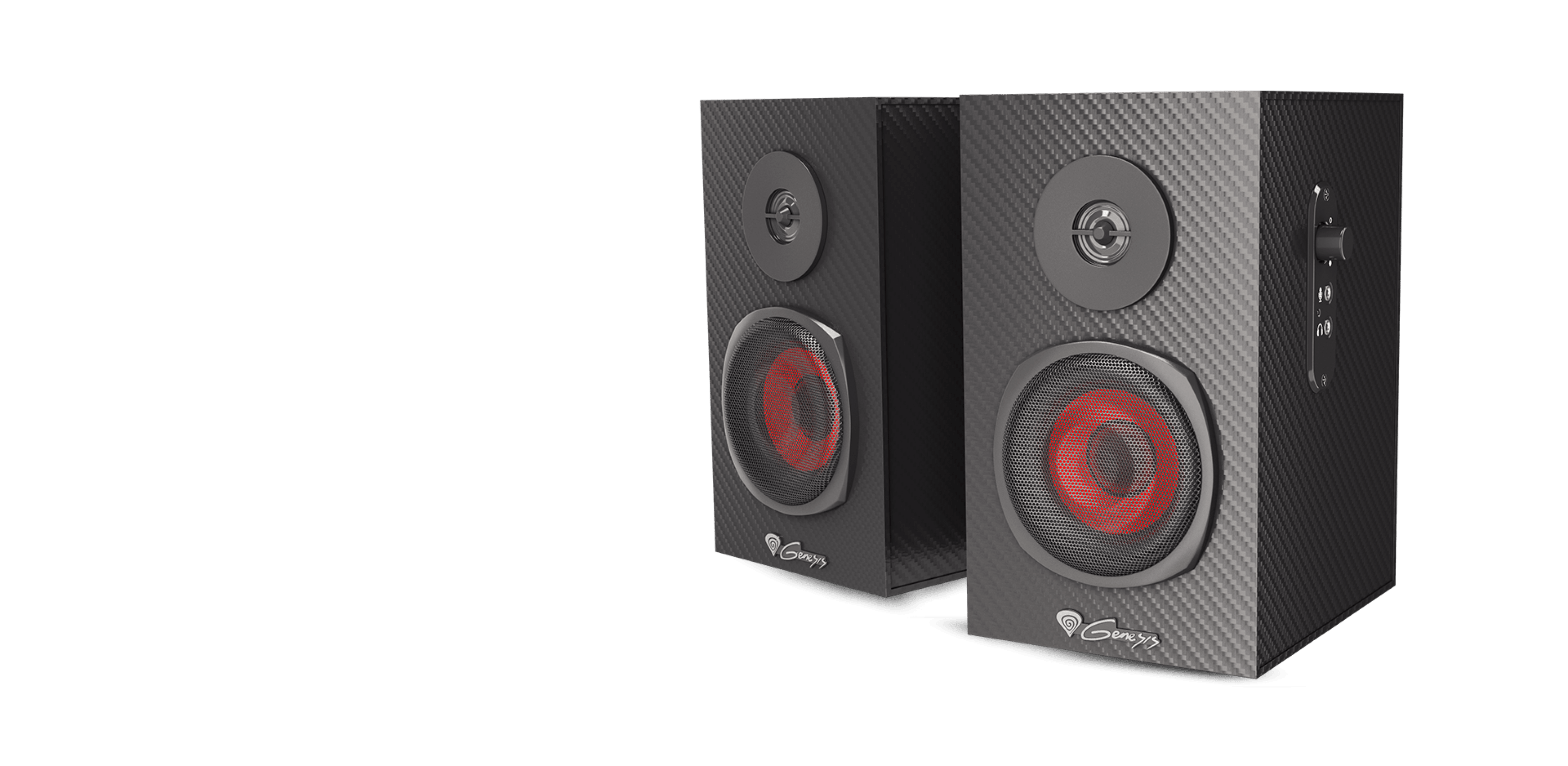 Altavoces Genesis Helium 200 2.0 negros con diseño de fibra de carbono y detalles rojos, con mandos de control en el lateral