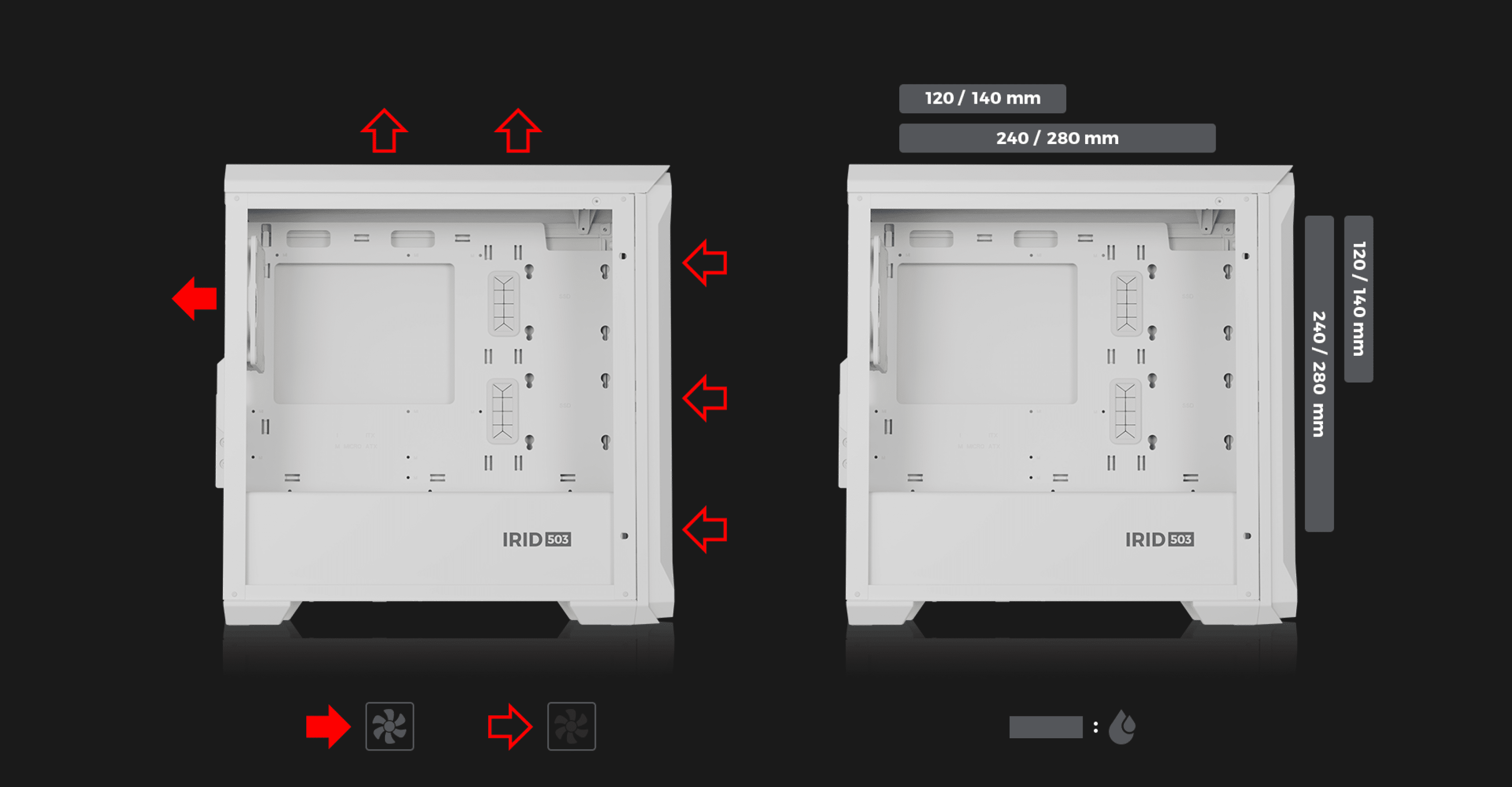 Minitorre MATX blanca con panel lateral transparente, que muestra las opciones de montaje de los ventiladores y las especificaciones de los componentes de refrigeración