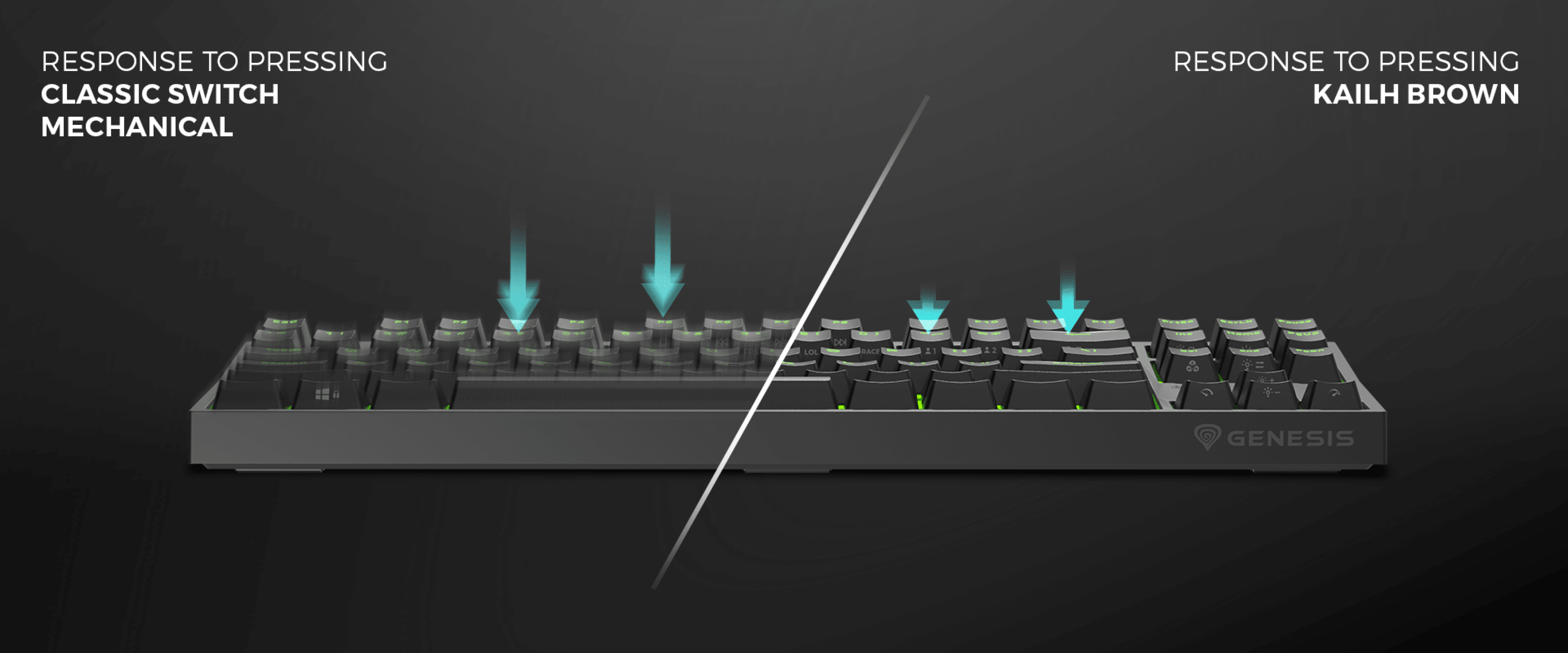 Vista lateral de un teclado mecánico que destaca la respuesta de los interruptores mecánicos clásicos frente a los interruptores Kailh Brown, con iluminación RGB