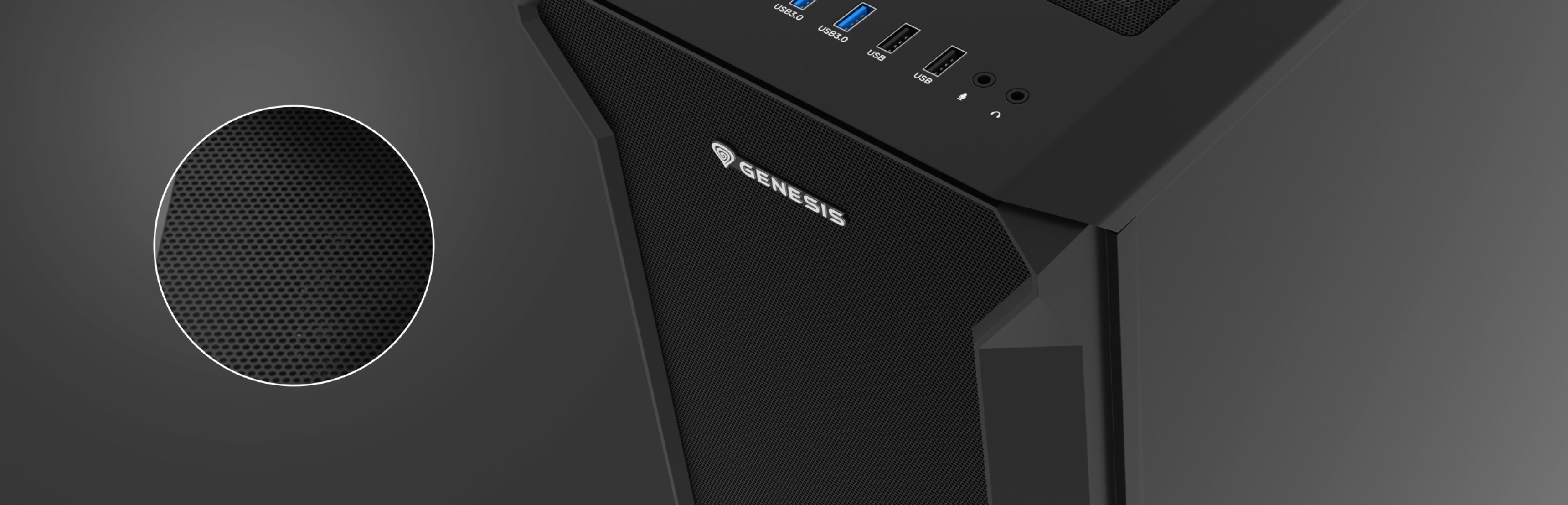 Carcasa torre MIDI Genesis Irid 505F negra con ventana transparente y múltiples puertos frontales