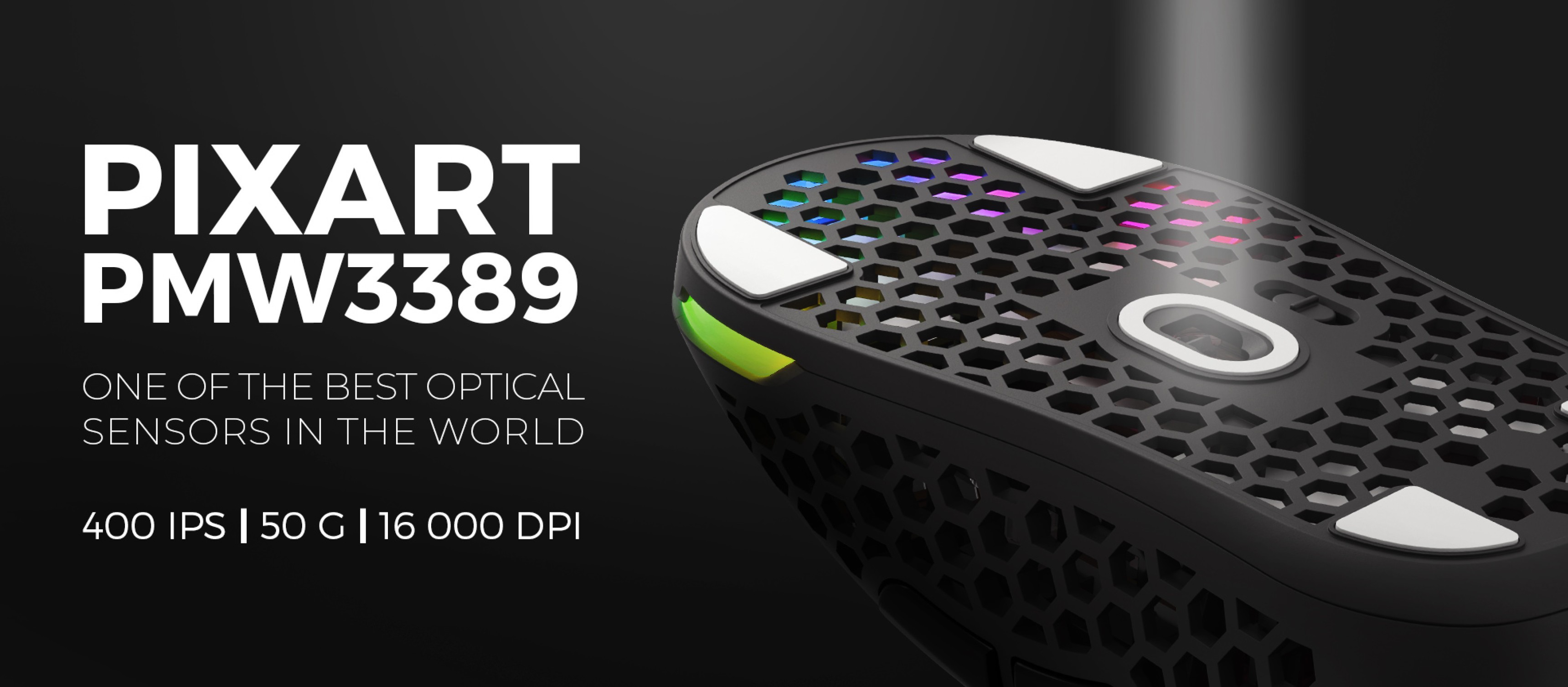 Ratón para juegos negro con iluminación RGB, con sensor PixArt PMW3389, 16.000 PPP y diseño ligero
