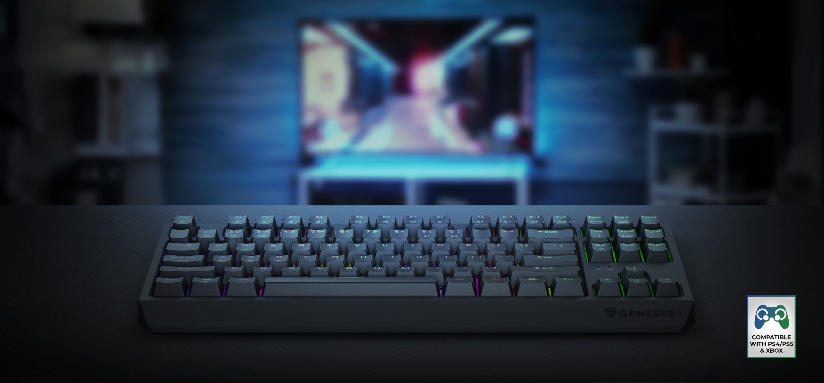 Teclado mecánico RGB inalámbrico para juegos con interruptores Outemu, mostrado con un fondo borroso de una configuración de juego