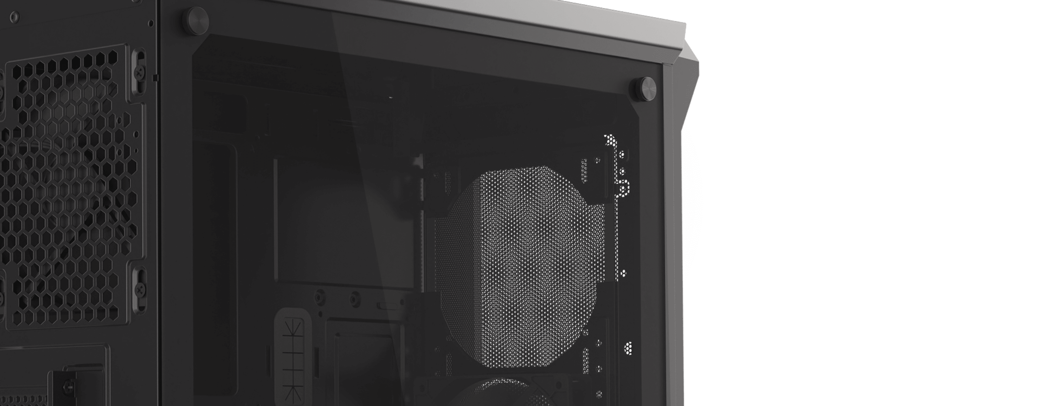 Caja torre MIDI Genesis Irid 505 V2 negra con panel lateral transparente, que deja ver los componentes internos