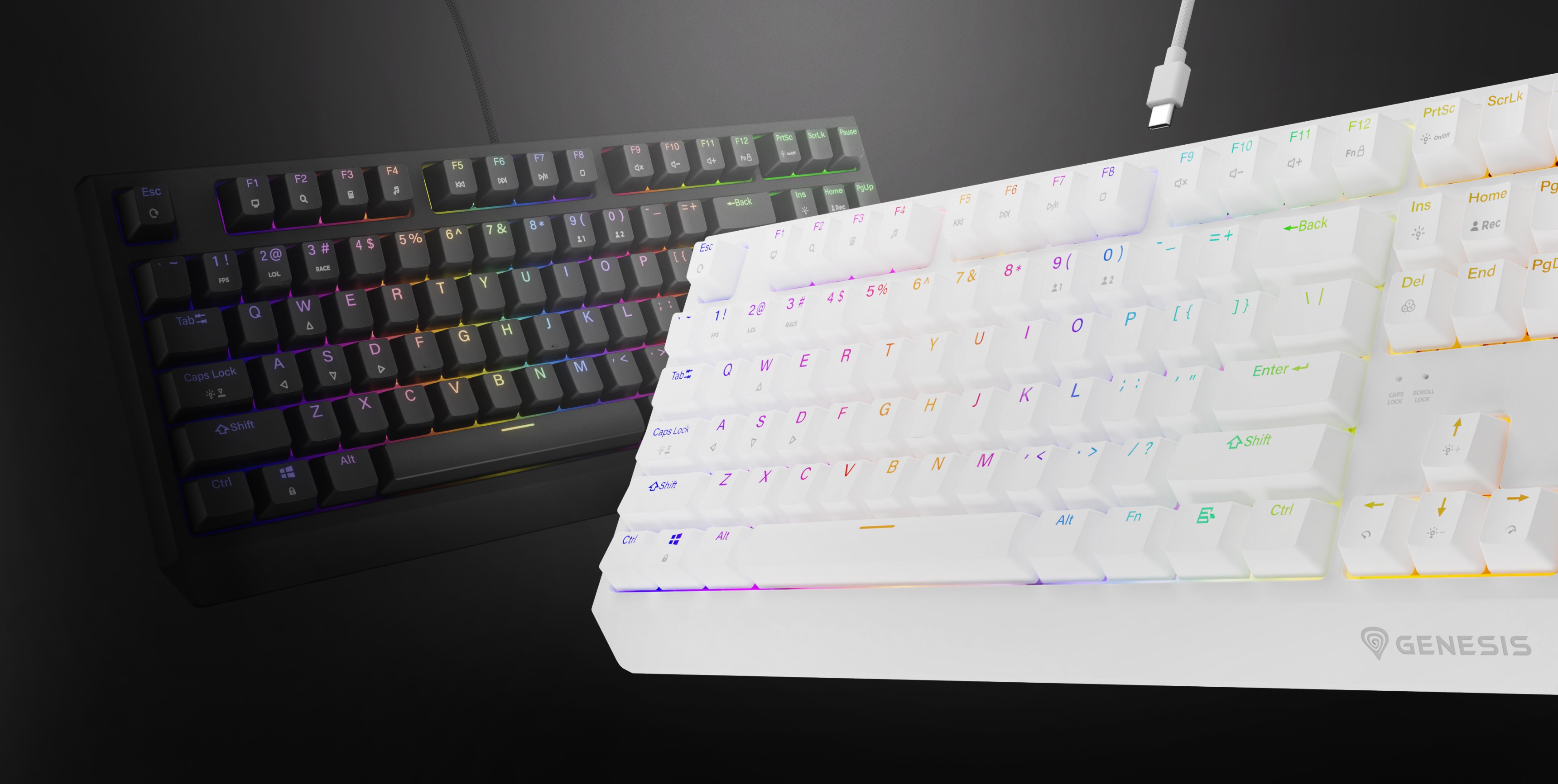 Teclado mecánico RGB con opciones de color blanco y negro, con interruptores Outemu Red intercambiables en caliente