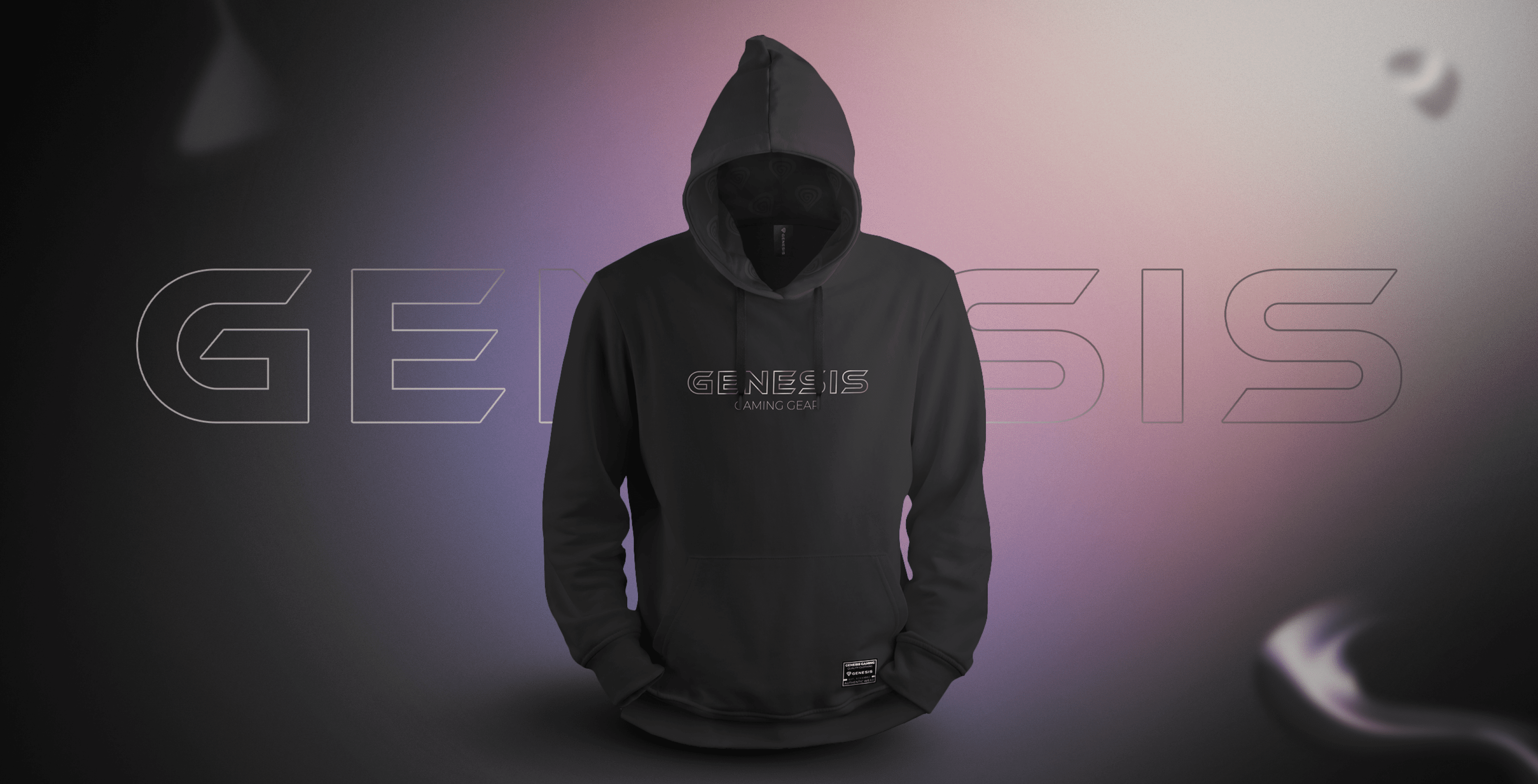 Sudadera oscura con capucha con cordón y "GENESIS" impreso en la parte delantera sobre un fondo degradado