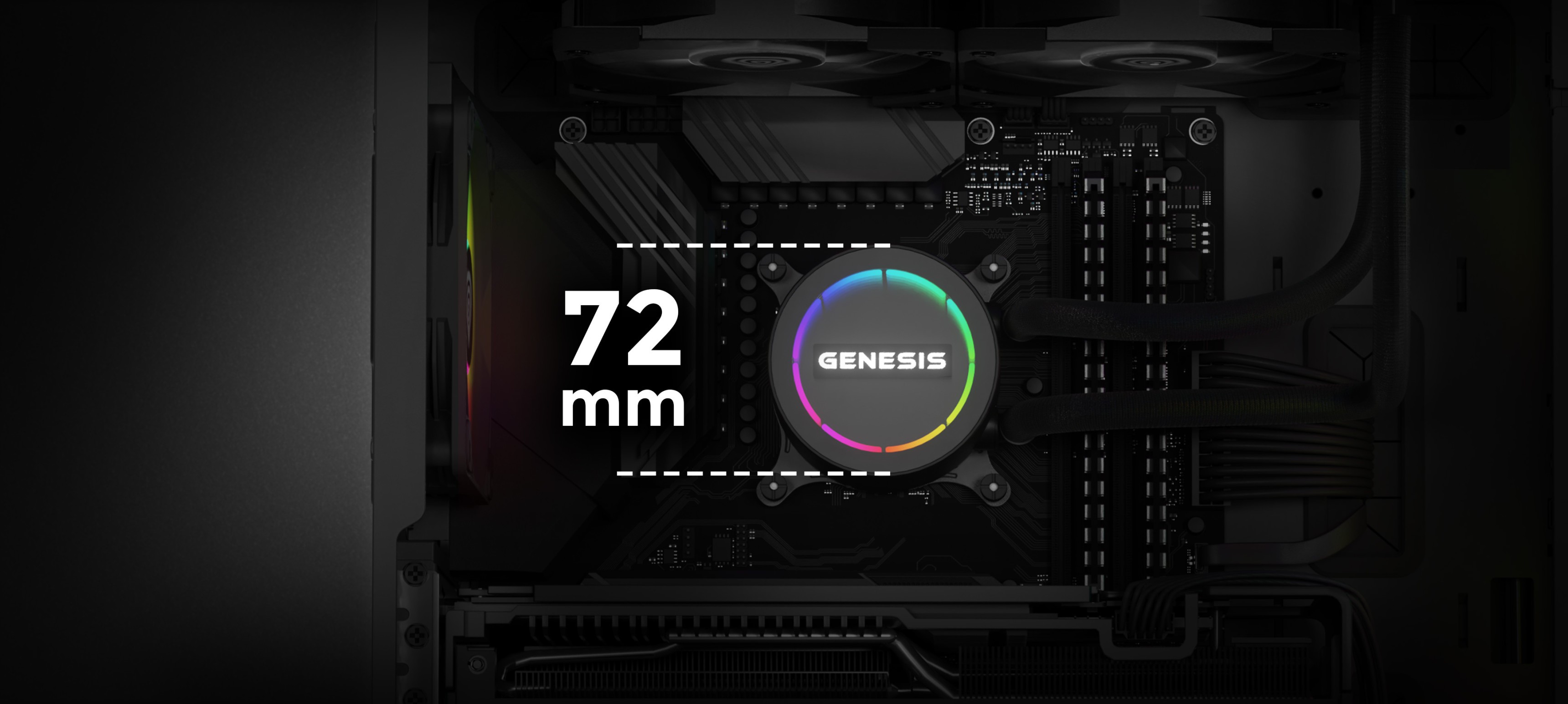 Primer plano del refrigerador líquido negro Genesis Hydria 240 mostrando el logotipo de 72 mm y los componentes dentro de una carcasa de PC