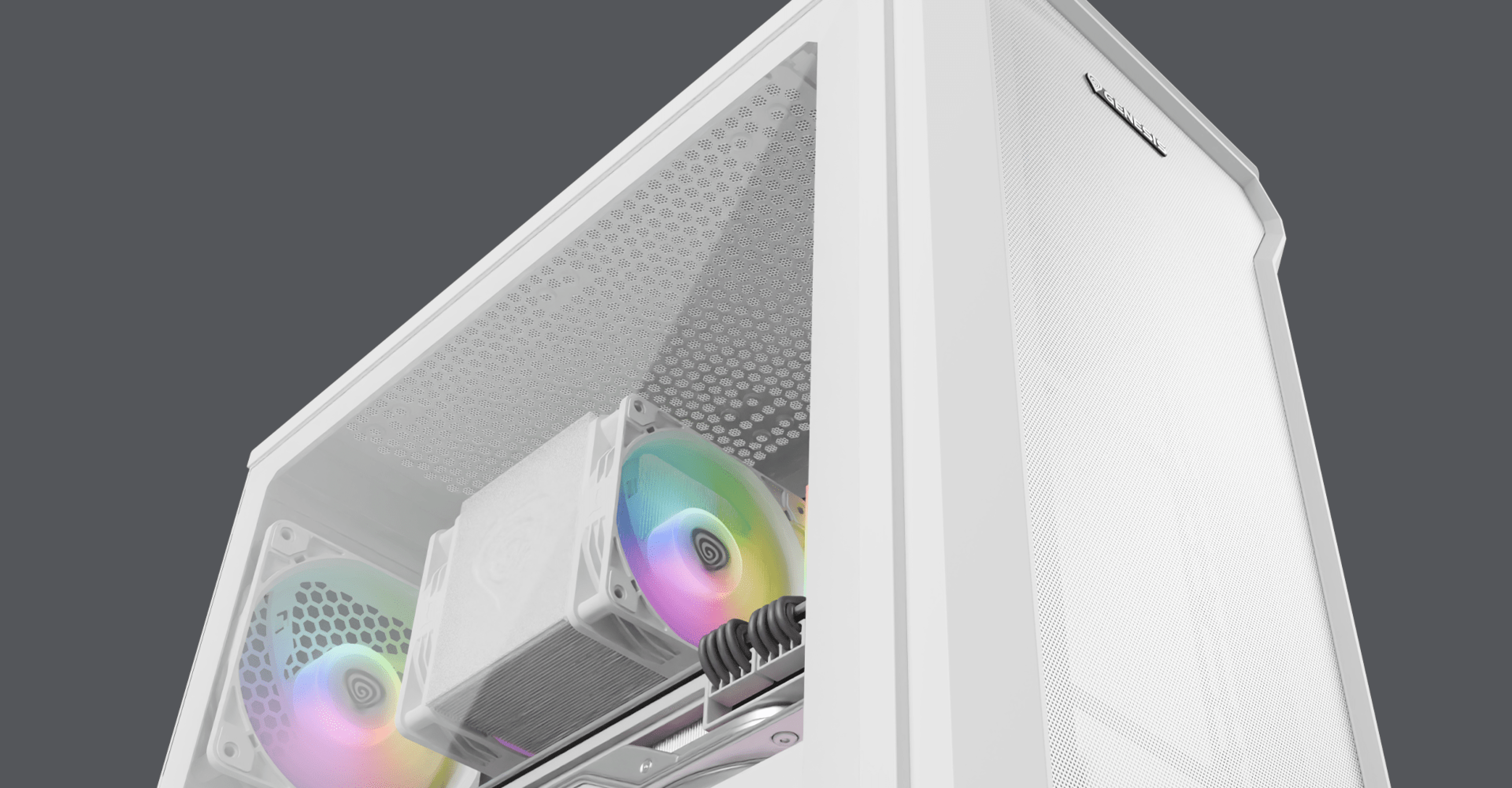 Minitorre Genesis Irid 503 ARGB Lite MATX blanca con panel lateral transparente y ventiladores RGB de colores visibles en el interior