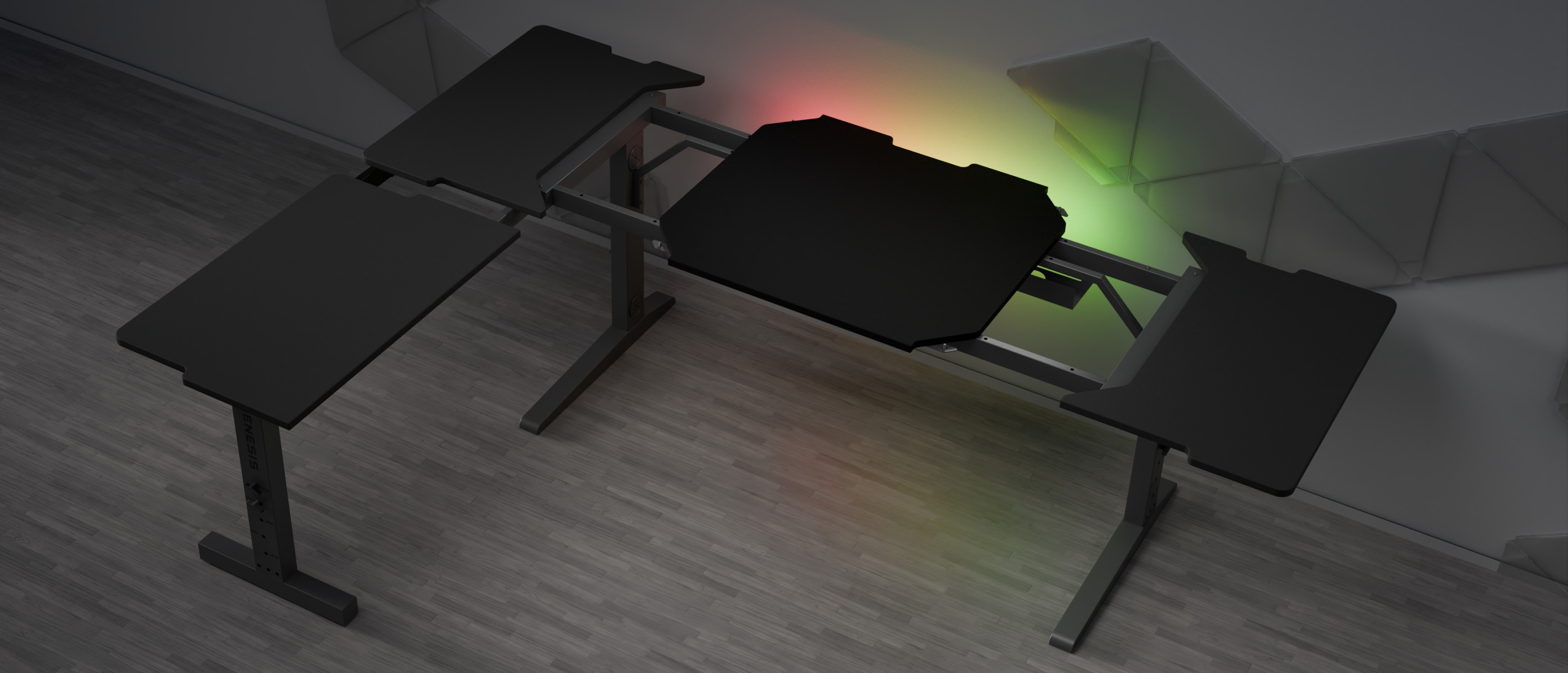 Escritorio esquinero modular para juegos con un elegante acabado en negro e iluminación LED personalizable, diseñado para configuraciones de juegos