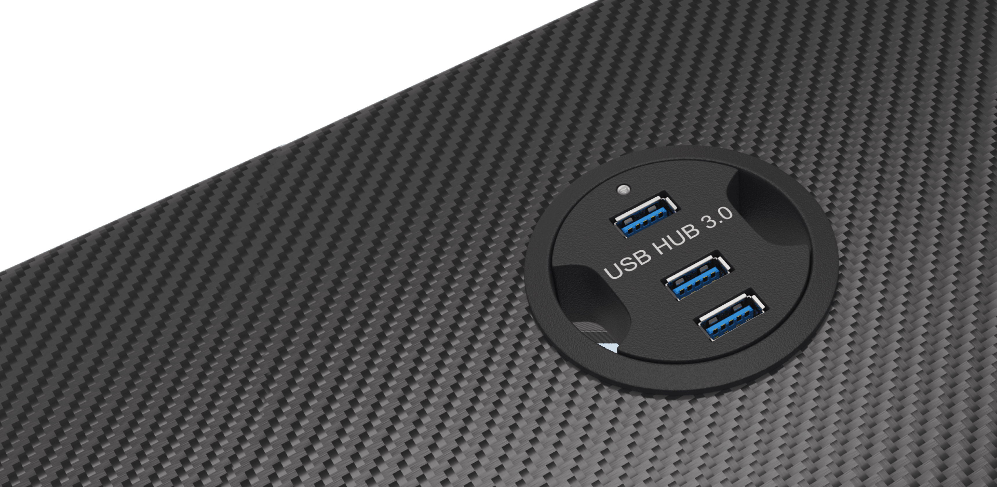 Detalle de la superficie de escritorio para juegos Genesis Holm 200 RGB con un concentrador USB 3.0 de cuatro puertos