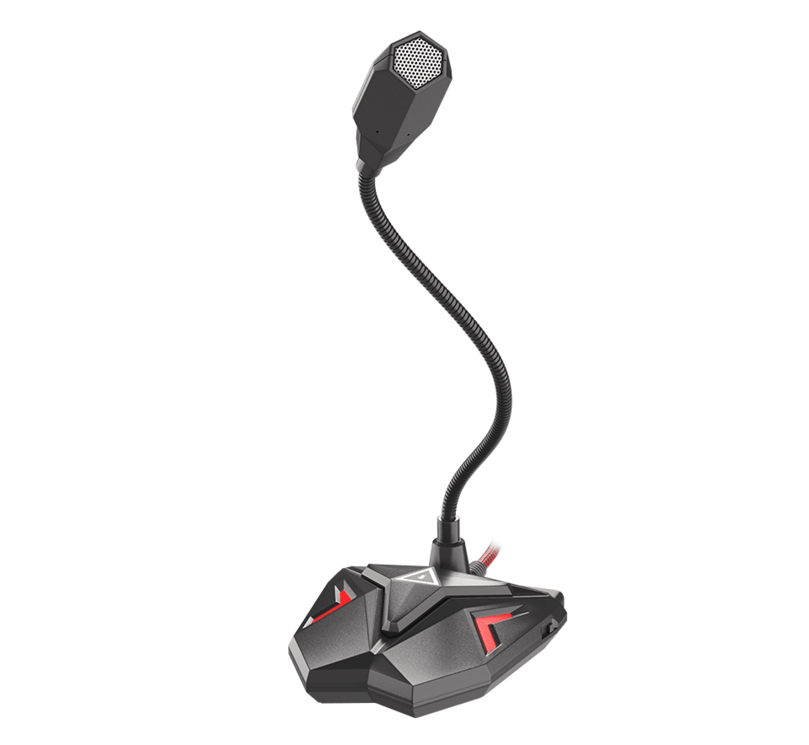 Micrófono negro con brazo flexible y detalles rojos, diseñado para juegos y streaming