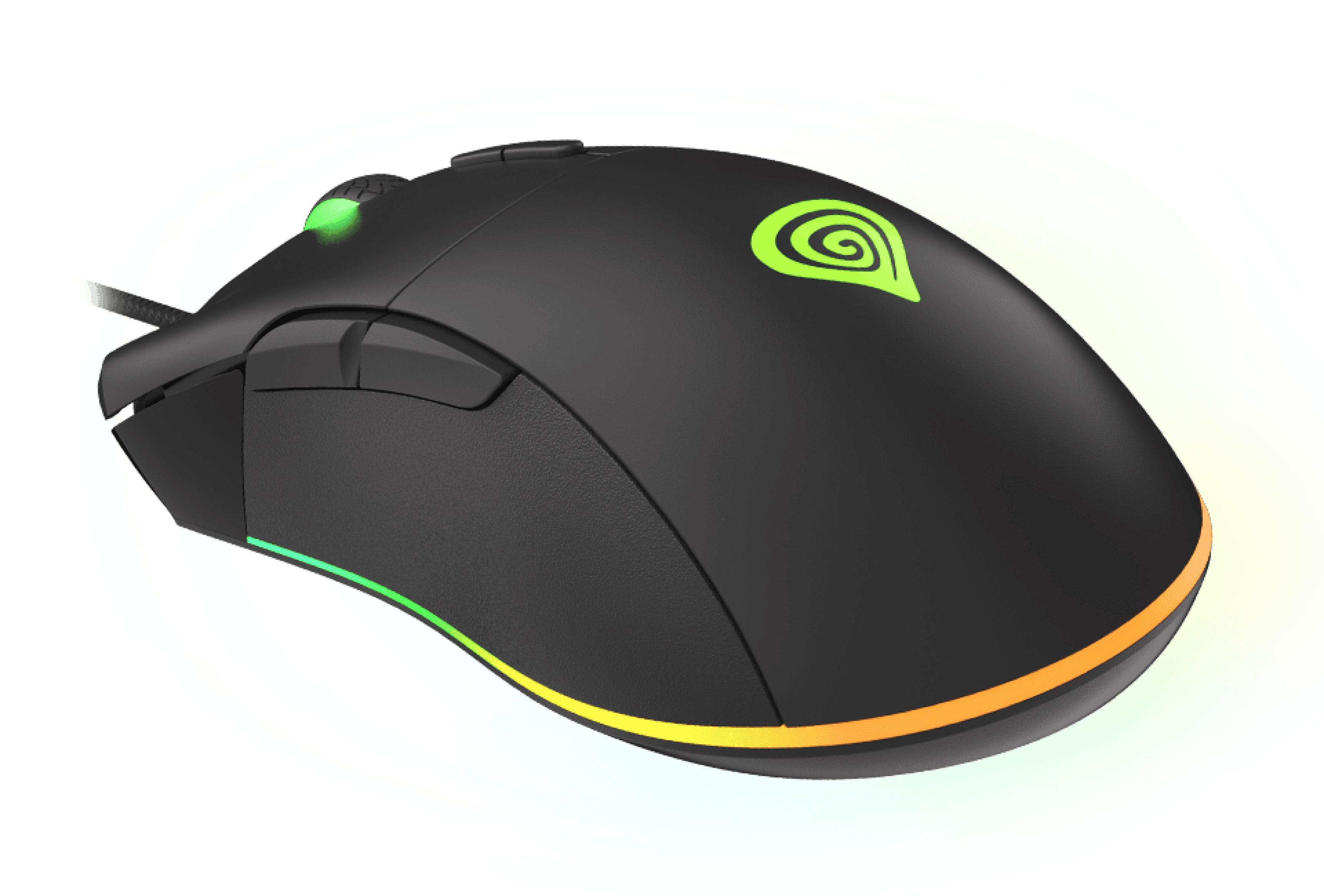 Ratón para juegos negro con iluminación RGB, con botones programables y un DPI de 6400. Logotipo verde visible en el lateral