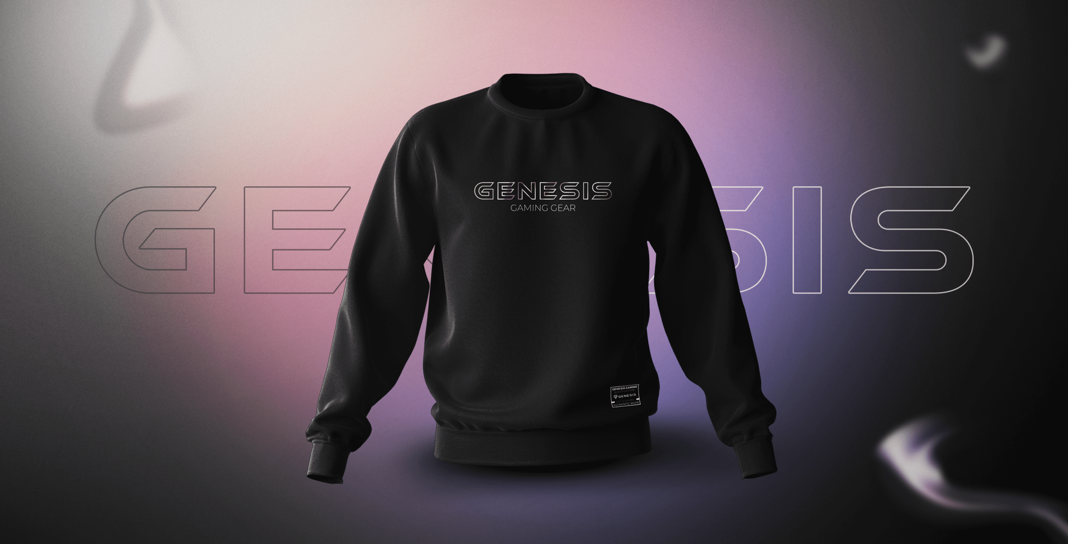 Sudadera negra con el texto "GENESIS" en la parte delantera, sobre un fondo degradado