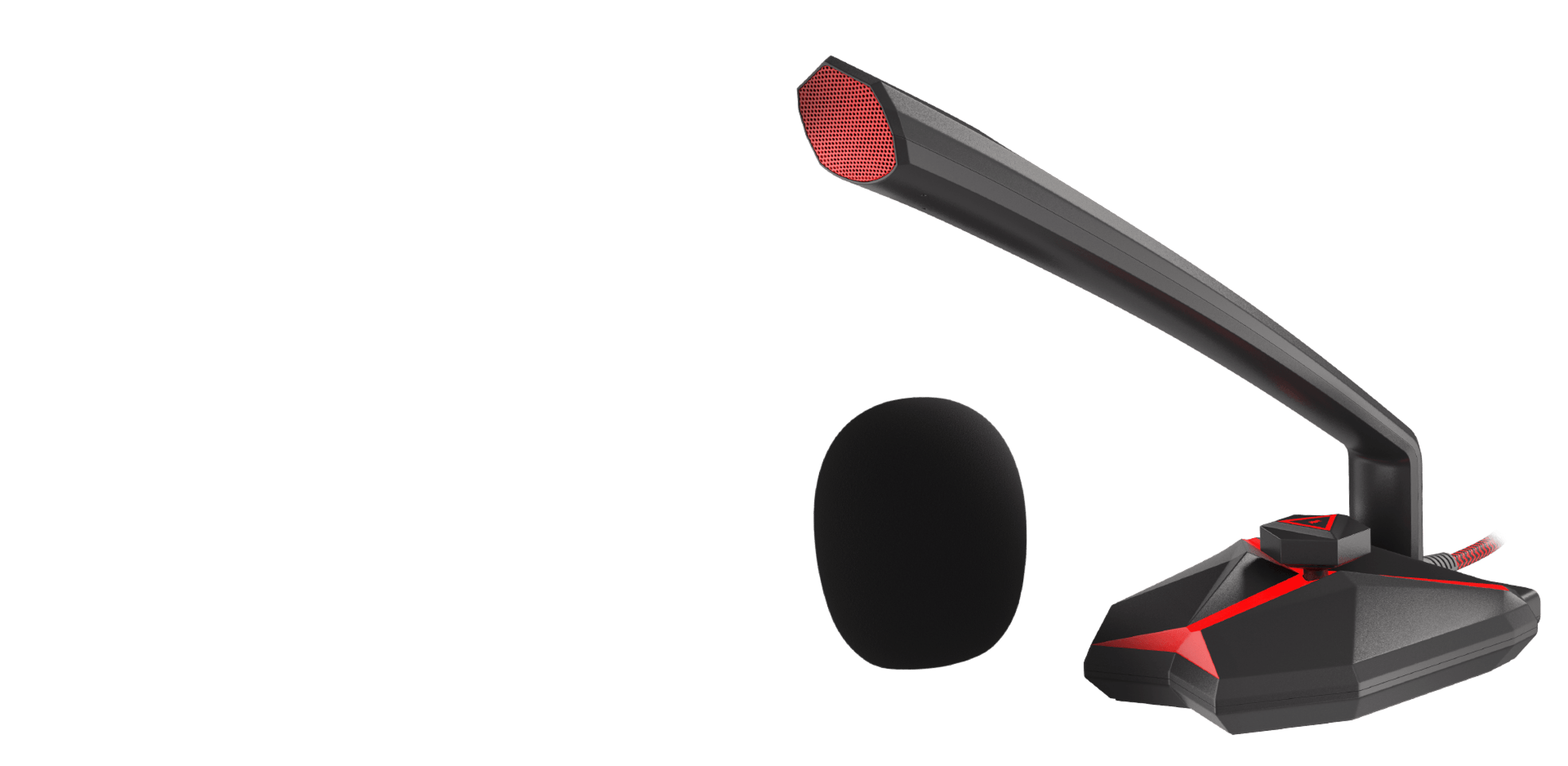 Micrófono Genesis Radium 200 con un elegante diseño negro y rojo, provisto de un brazo flexible y un parabrisas de espuma