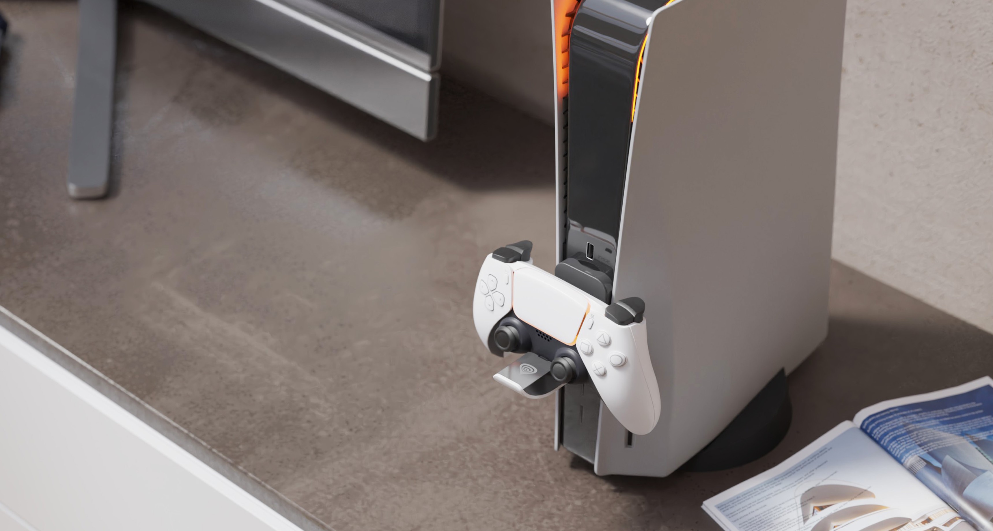 Cargador para mandos Genesis Tin 300 diseñado para la PS5, colocado junto a la consola sobre una mesa