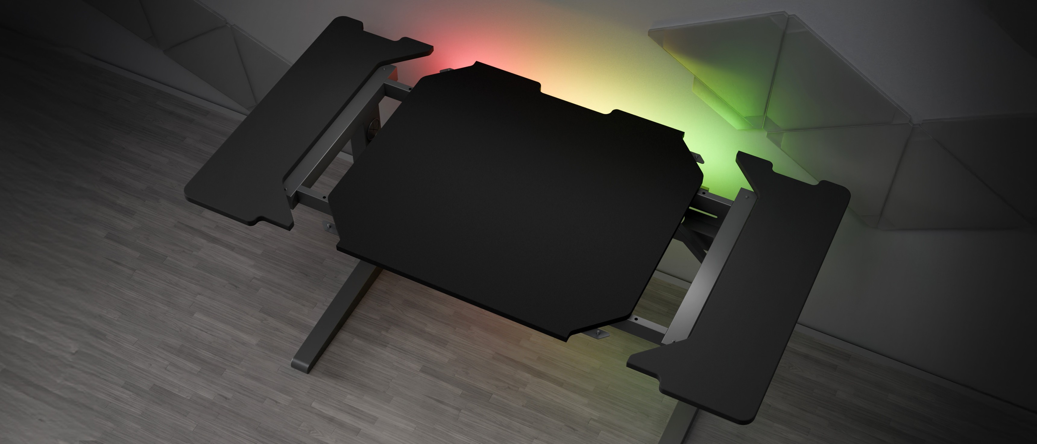 Panel lateral negro para el escritorio modular Genesis Holm, con un diseño elegante y una sutil iluminación LED