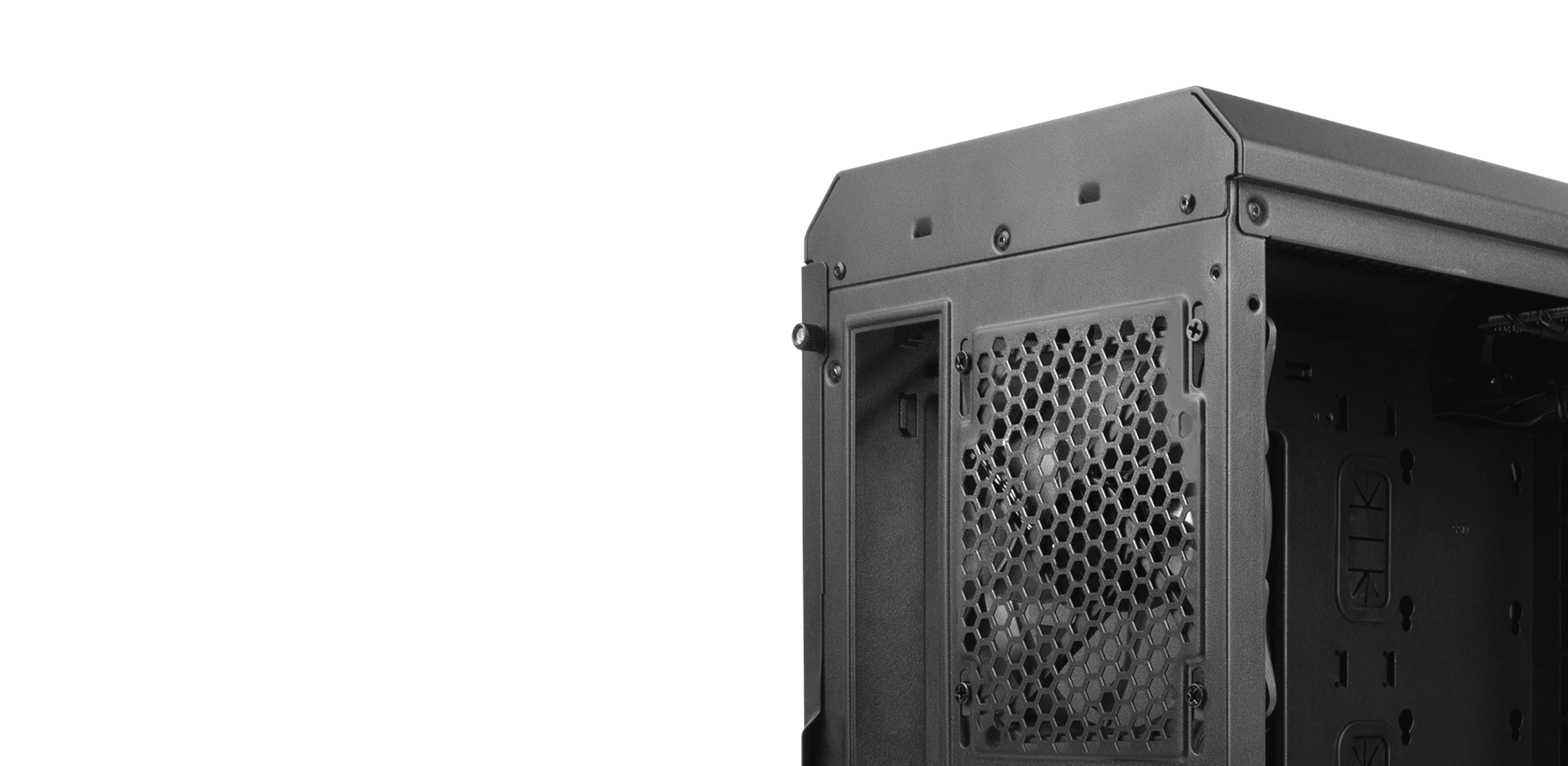 Minitorre de PC MATX con ventana lateral, acabado en negro y malla de ventilación en el panel trasero