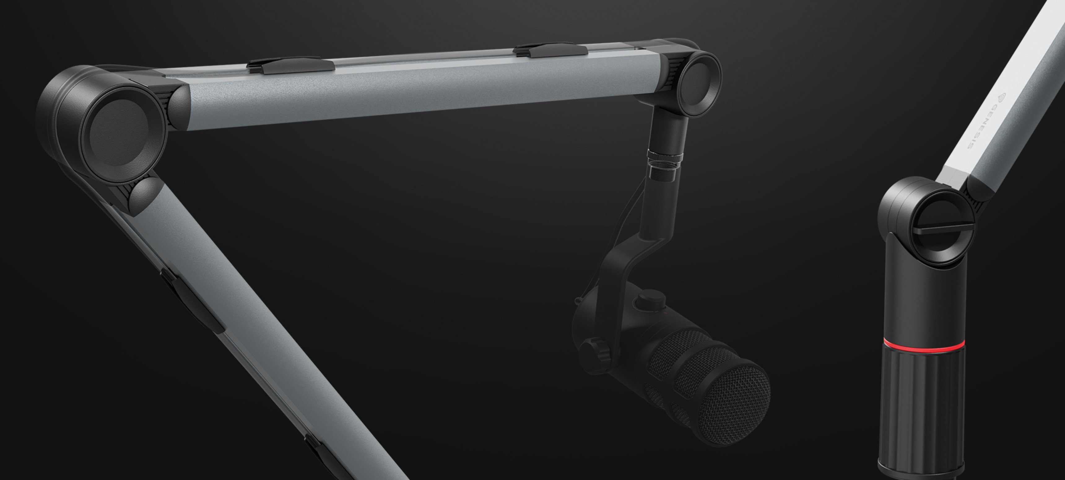 Brazo de micrófono ajustable con un diseño elegante, acabado en negro y plata, diseñado para ofrecer estabilidad y flexibilidad