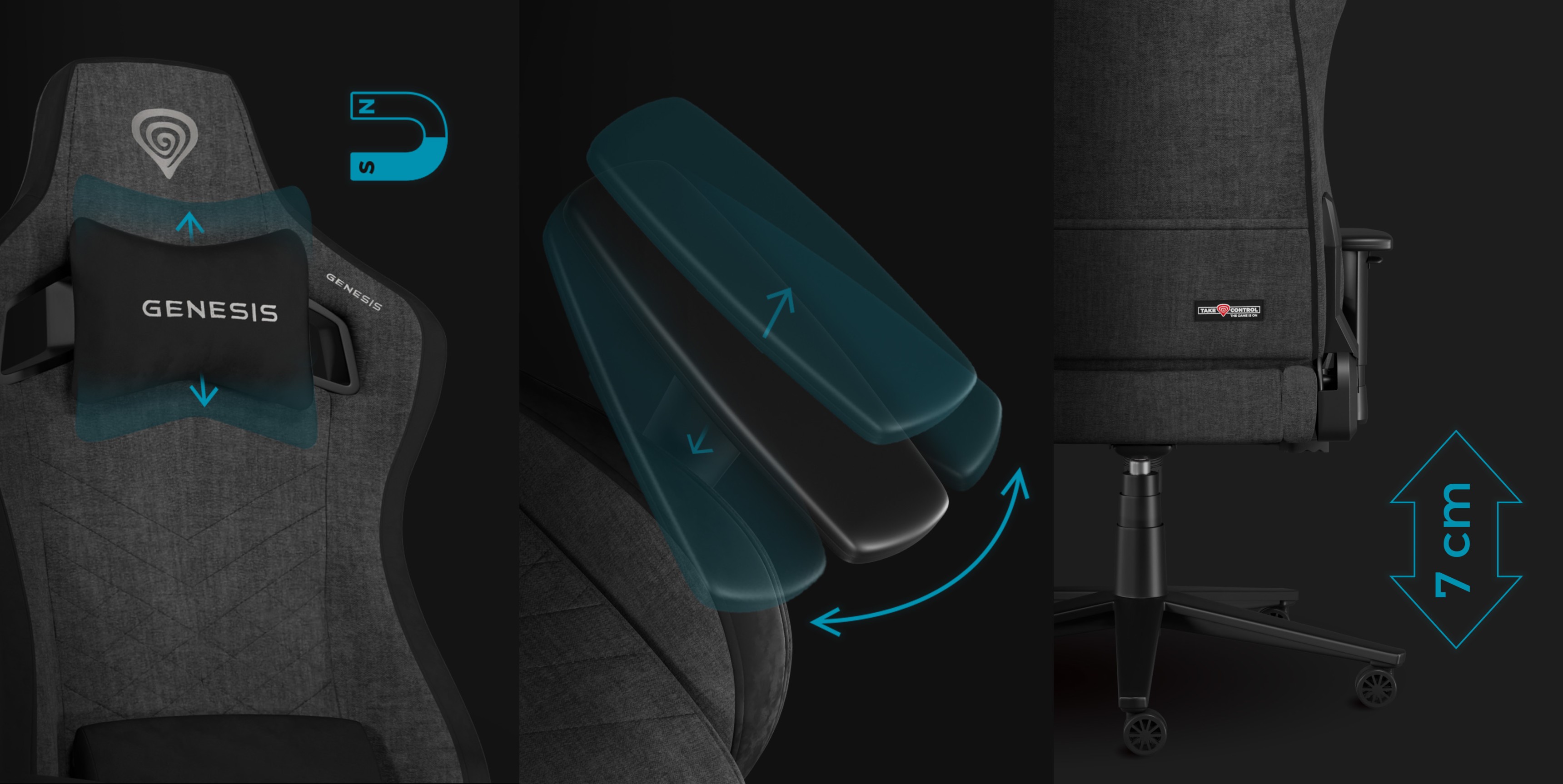 Silla para juegos Genesis Nitro 660 en gris con reposabrazos y reposacabezas ajustables. Presenta un diseño elegante y un soporte ergonómico