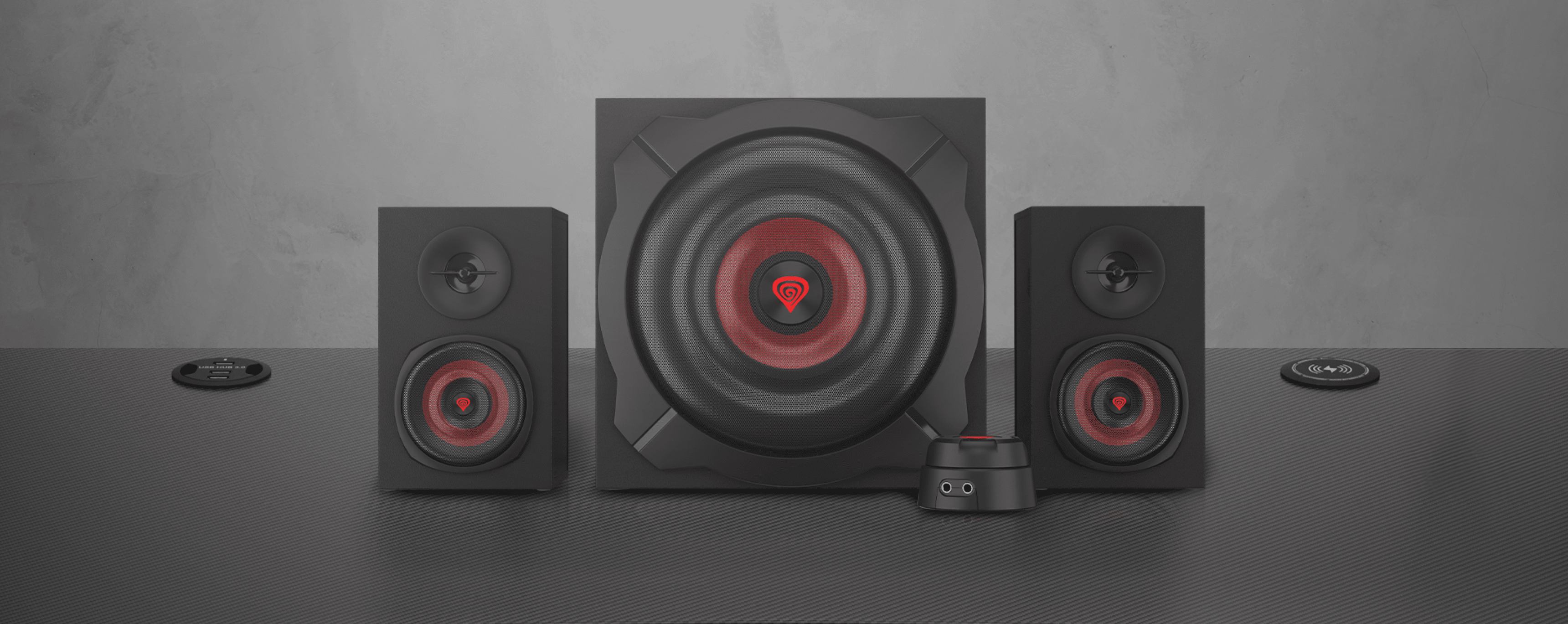 Sistema de altavoces 2.1 Genesis Helium 610BT negro con un subwoofer y dos altavoces satélite, con mando a distancia con cable