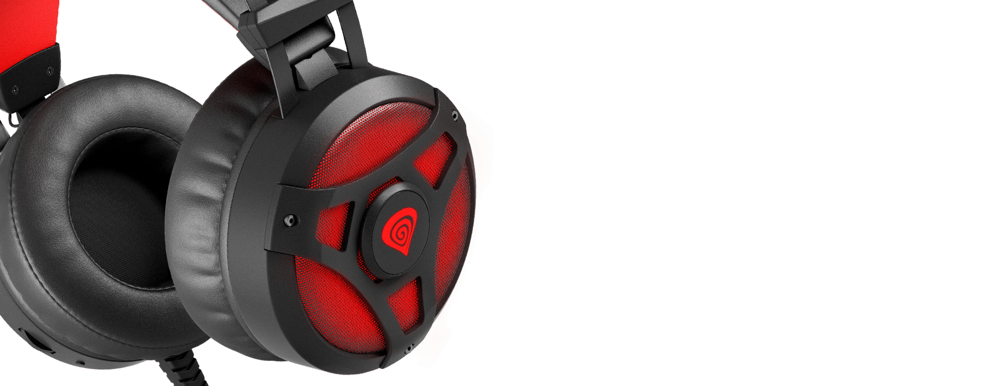Auriculares over-ear Genesis Neon 360 negros y rojos con micrófono y detalles brillantes