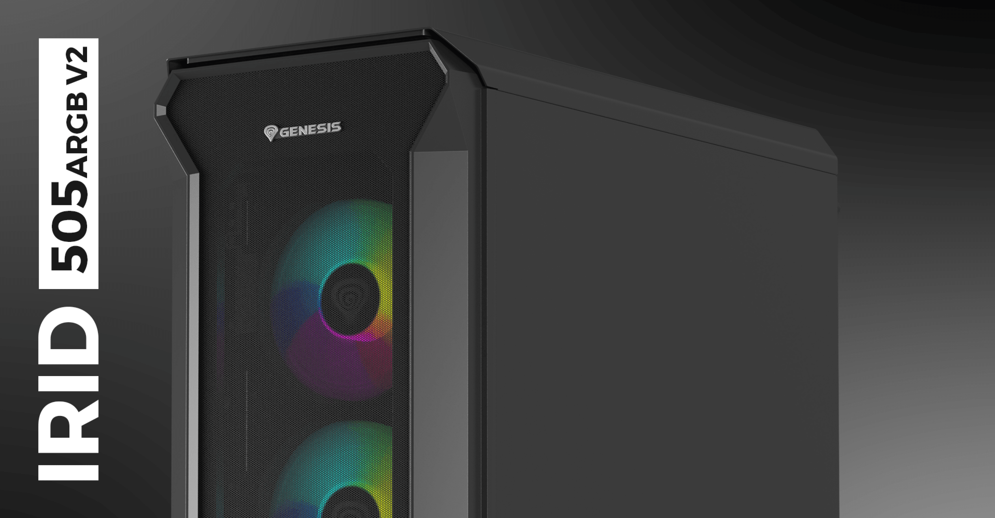 Caja torre MIDI negra con ventana de cristal templado y ventiladores RGB, mostrando el modelo Genesis IRID 505 ARGB V2