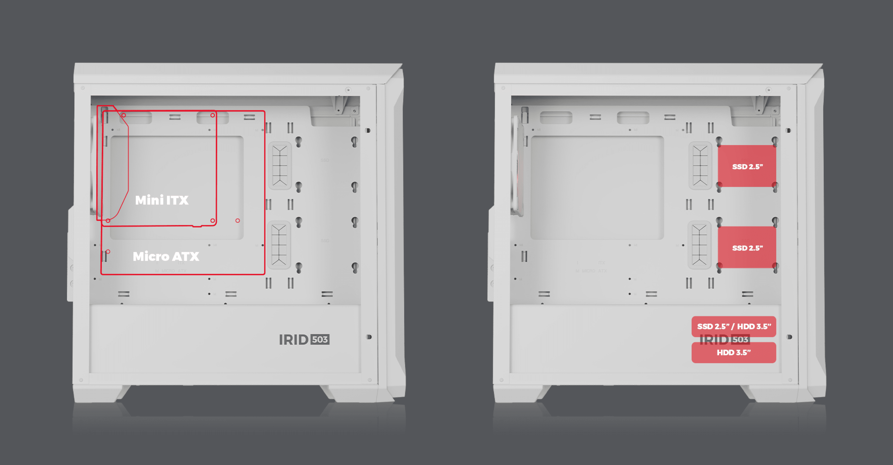 Minitorre Genesis IRID 503 ARGB Lite MATX blanca con panel lateral transparente, con compartimentos para placas base Mini ITX y Micro ATX