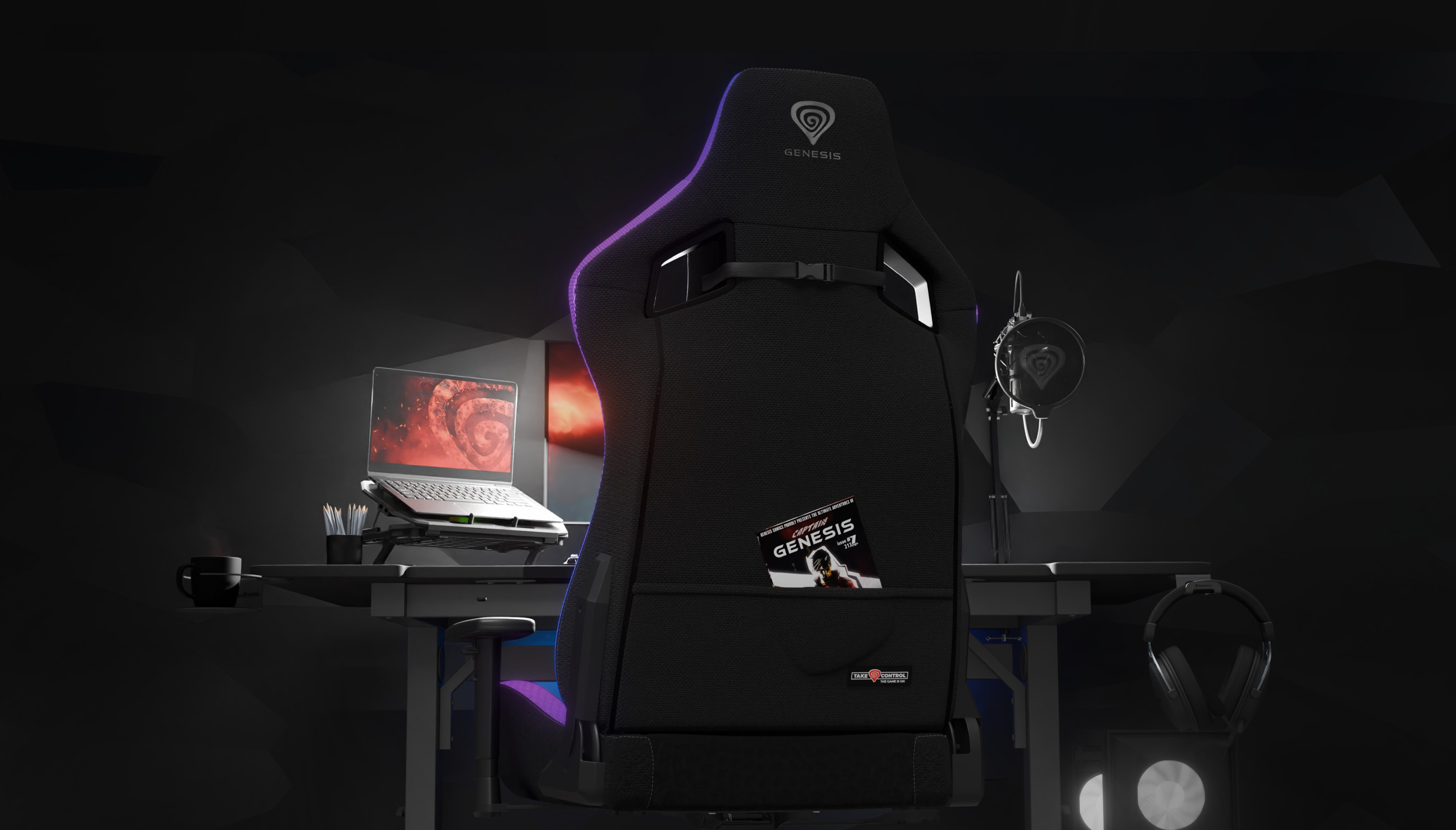 Silla de juego Genesis Trit 660 RGB negra vista desde atrás, con un portátil, auriculares e iluminación ambiental sobre una mesa de juego