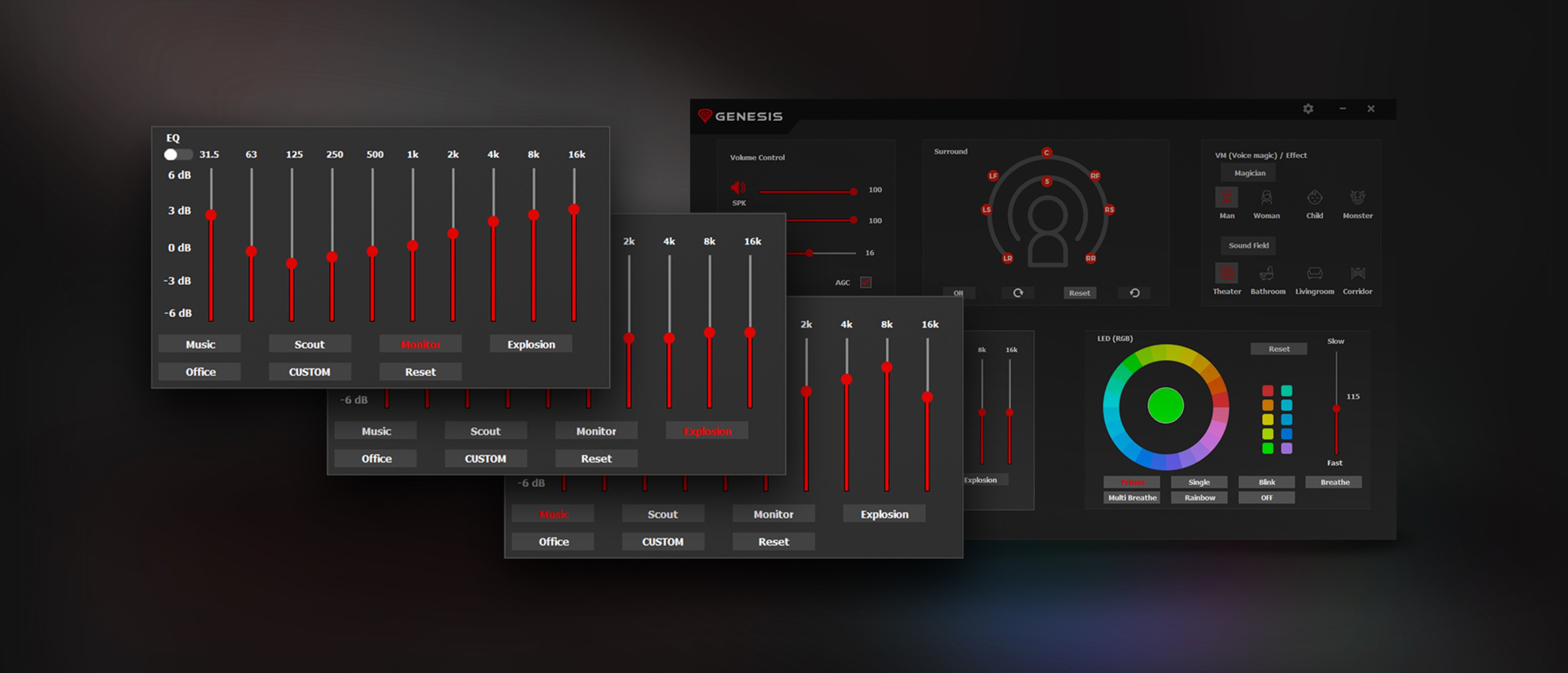 Capturas de pantalla de una interfaz de software para configurar los auriculares Genesis Neon 764 RGB, con controles deslizantes de audio y opciones de iluminación