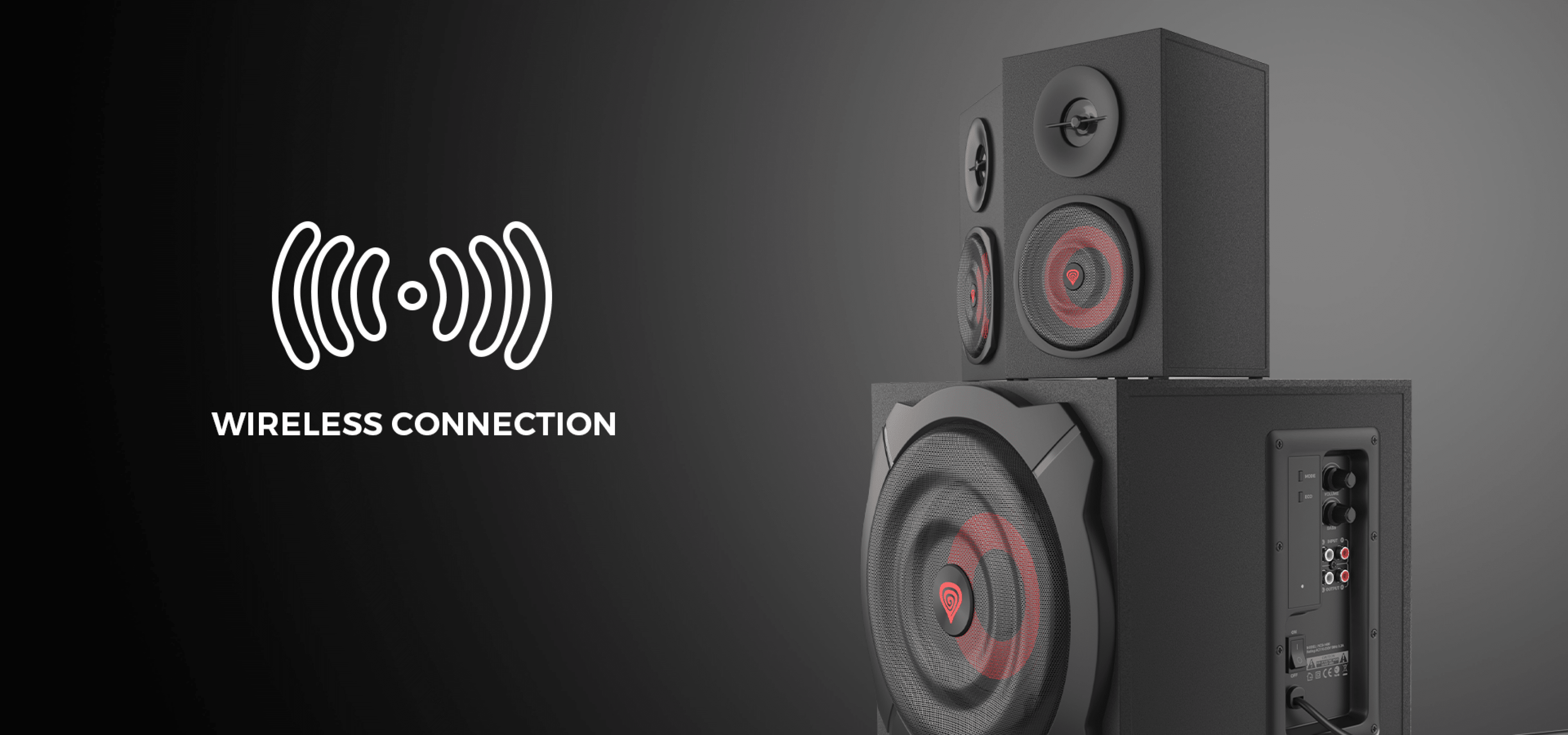 Dos altavoces negros Genesis Helium 610BT 2.1 con subwoofer, con símbolo de conexión inalámbrica y mando a distancia en un cable