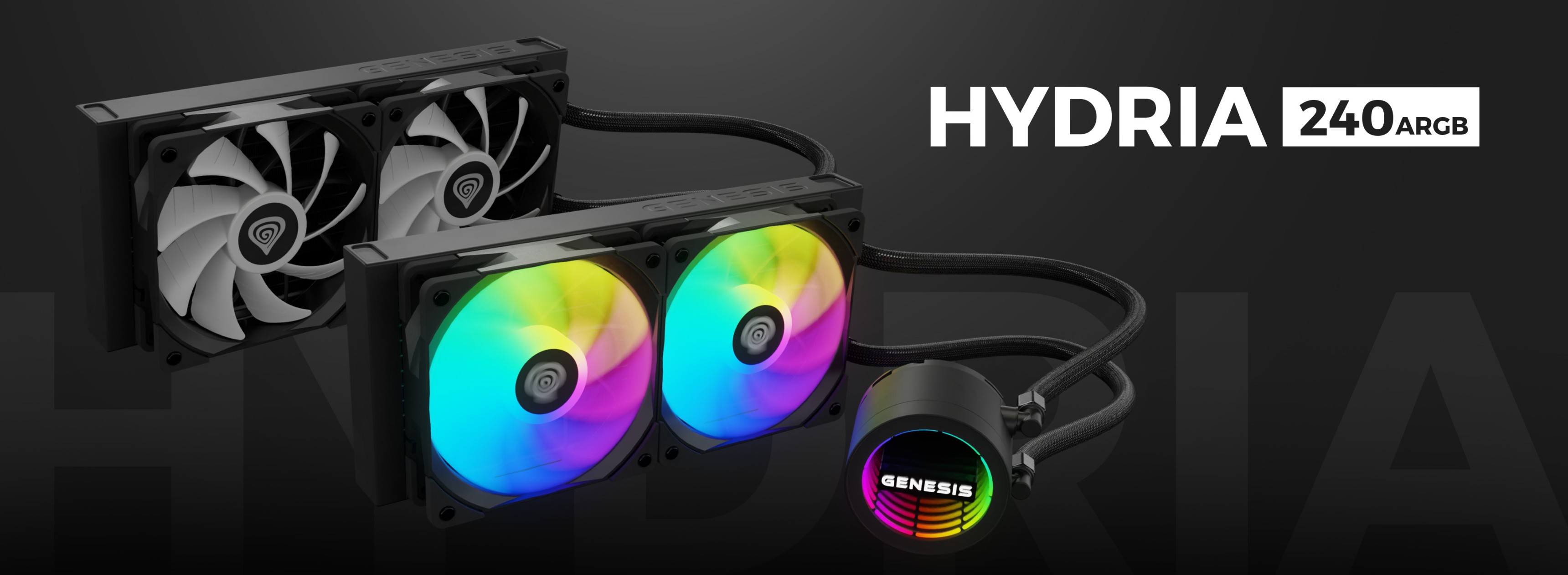 Refrigerador líquido Genesis Hydria 240 ARGB negro con dos ventiladores iluminados y un elegante diseño de bomba