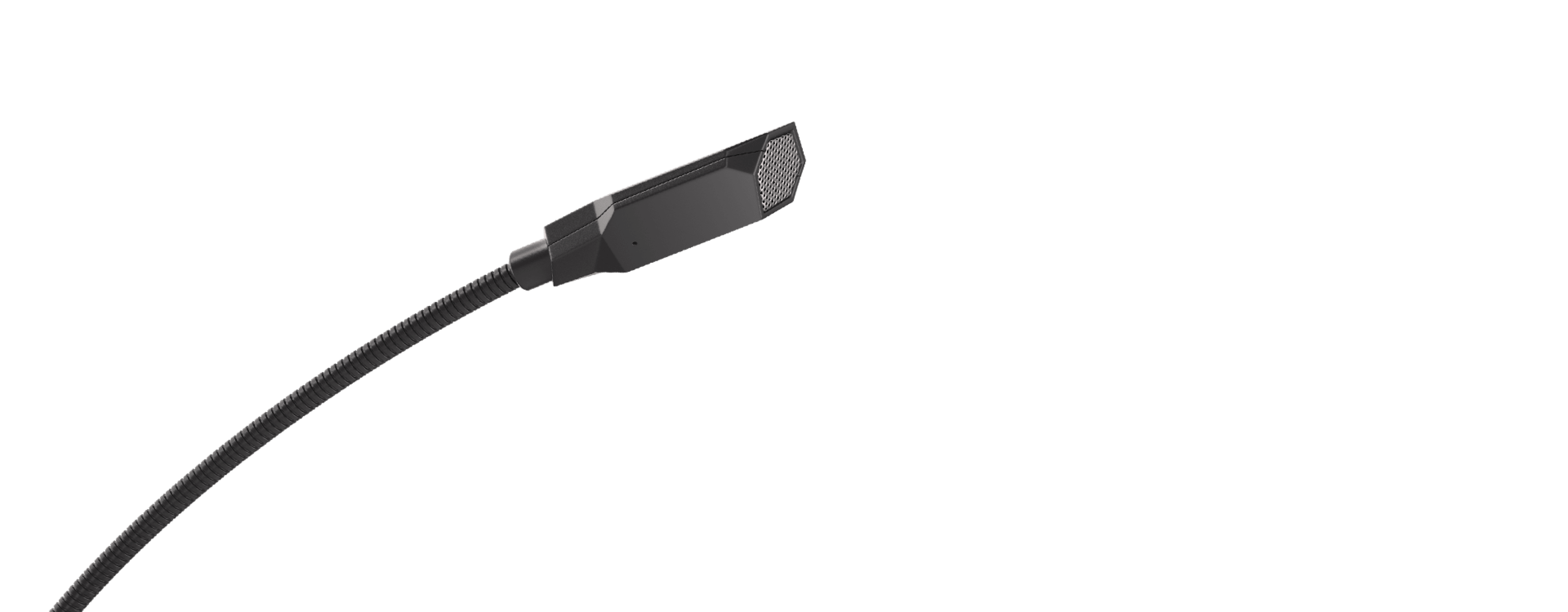 Micrófono negro con cuello flexible, diseñado para captar el sonido con claridad, con rejilla hexagonal