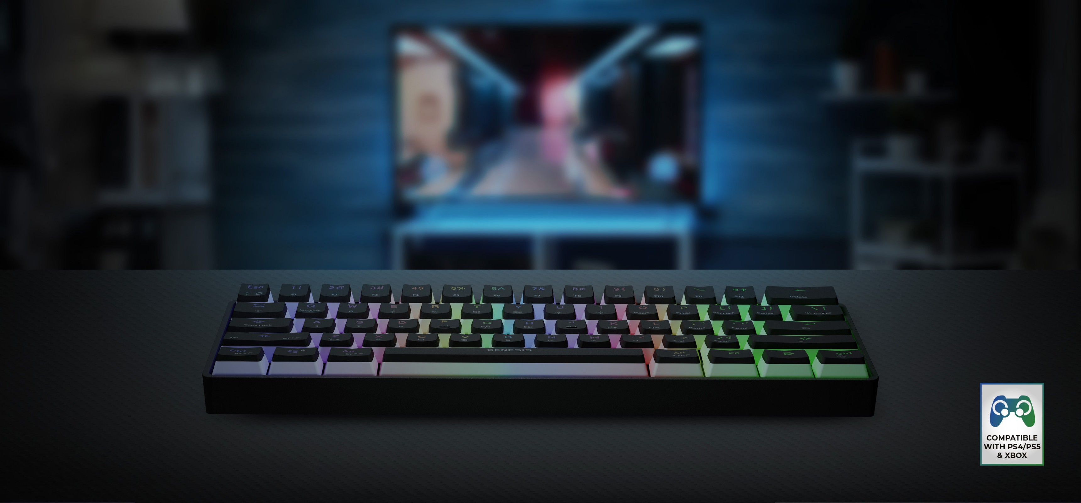 Teclado mecánico inalámbrico RGB para juegos con interruptores Gateron Red, con teclas retroiluminadas de colores y un elegante diseño negro