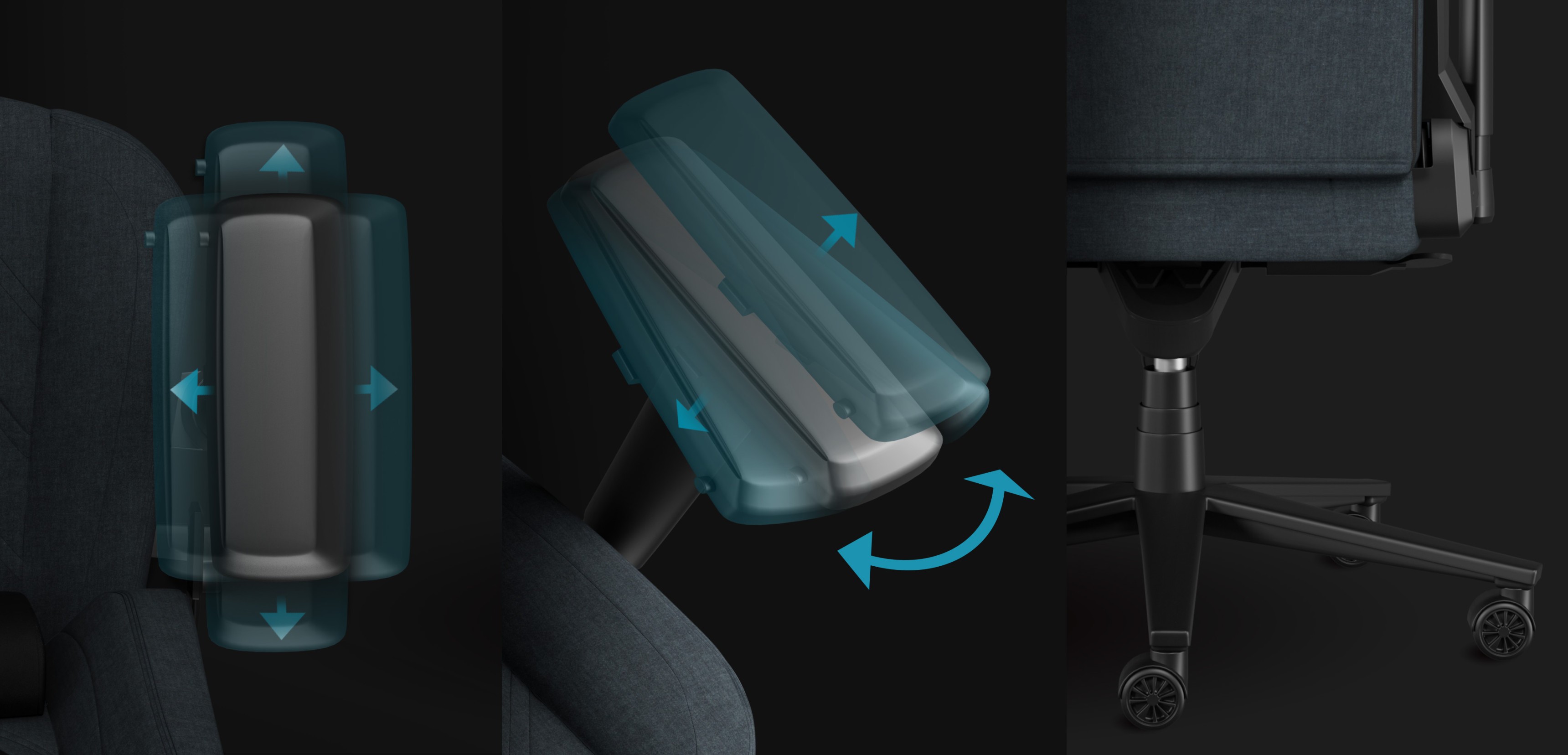 Características ajustables de la silla de juego Genesis Nitro 800 en gris, incluido el movimiento del reposabrazos y el diseño de la base giratoria