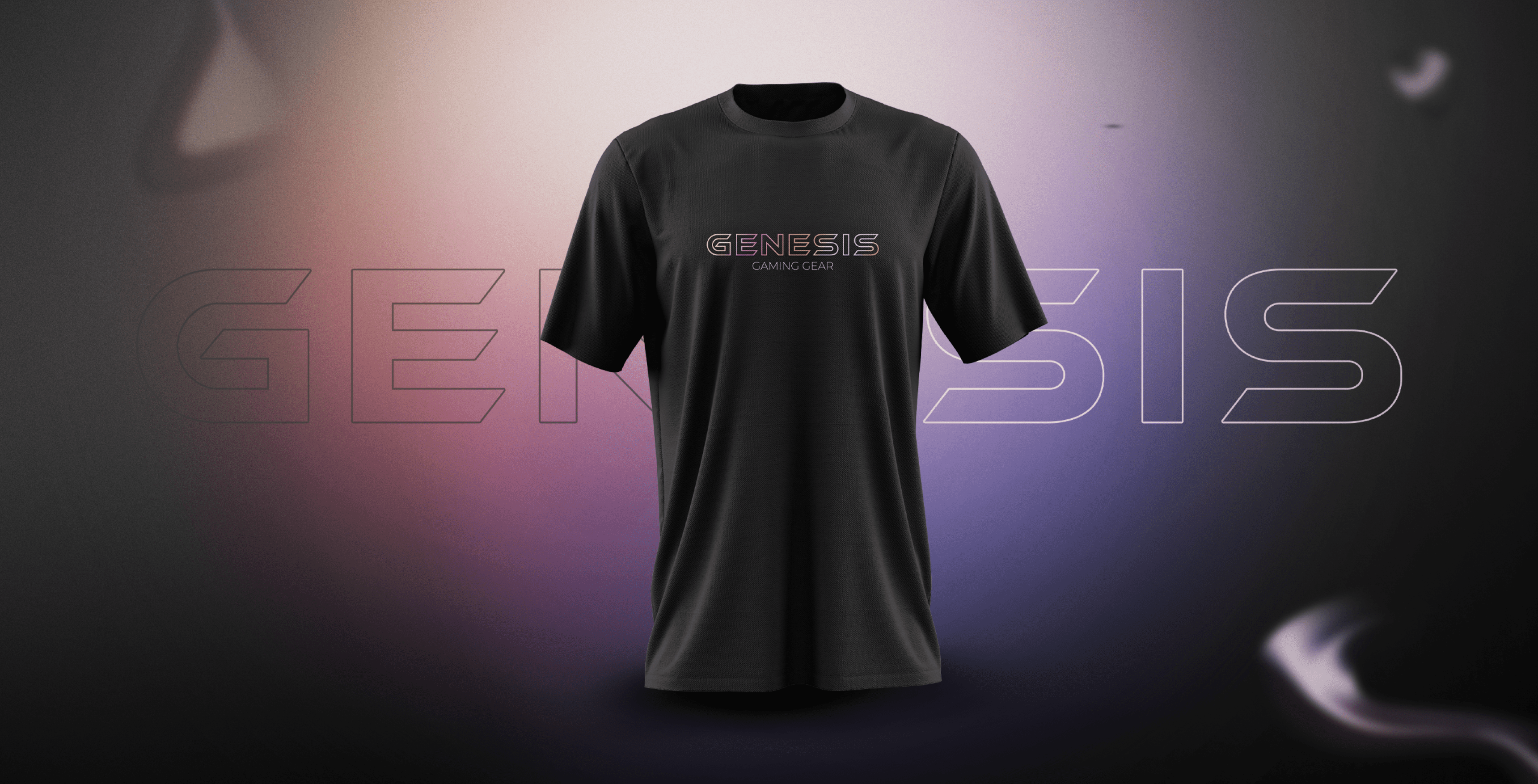 Camiseta negra con un colorido diseño "GENESIS" en la parte delantera, sobre un suave fondo degradado
