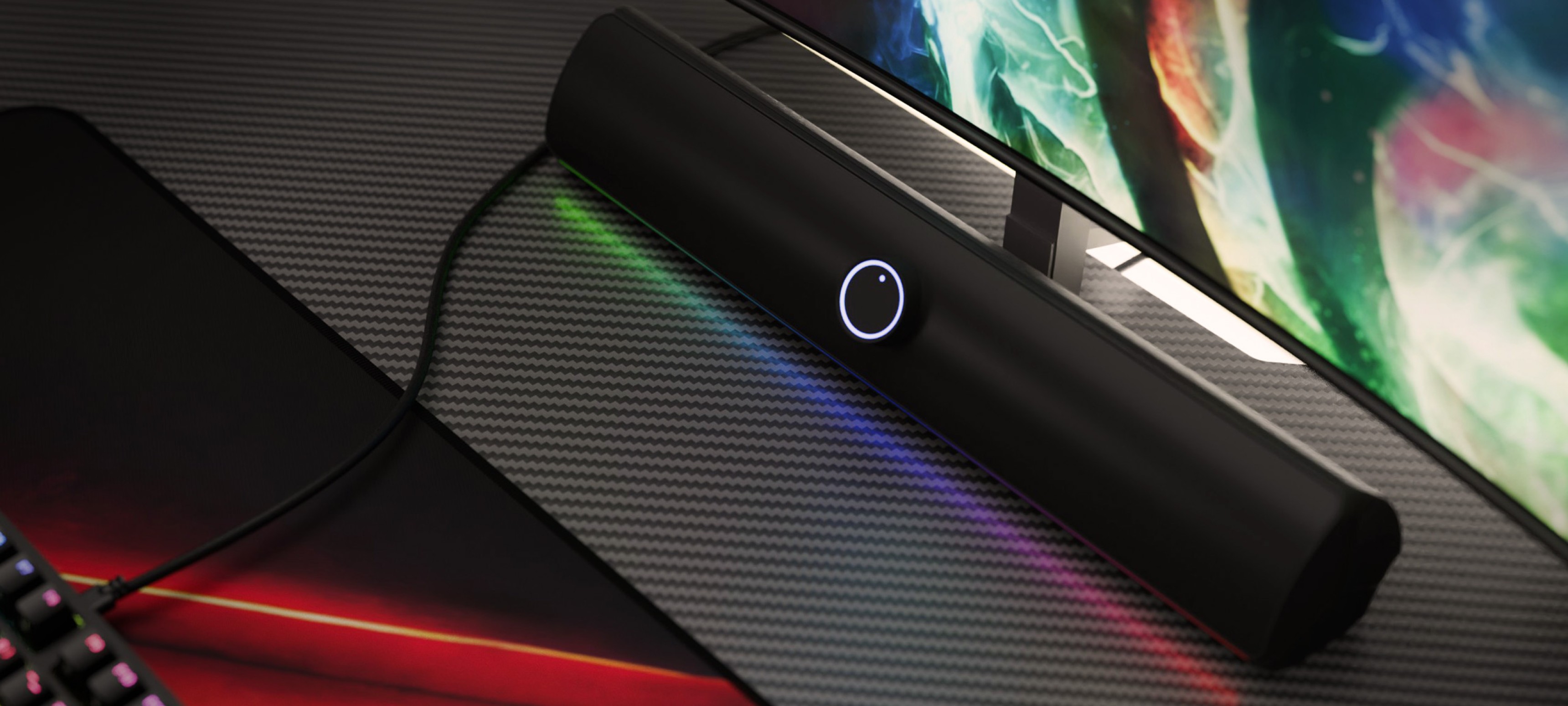 Barra de sonido Bluetooth con un elegante diseño negro, que incluye un botón de control iluminado y detalles LED de colores