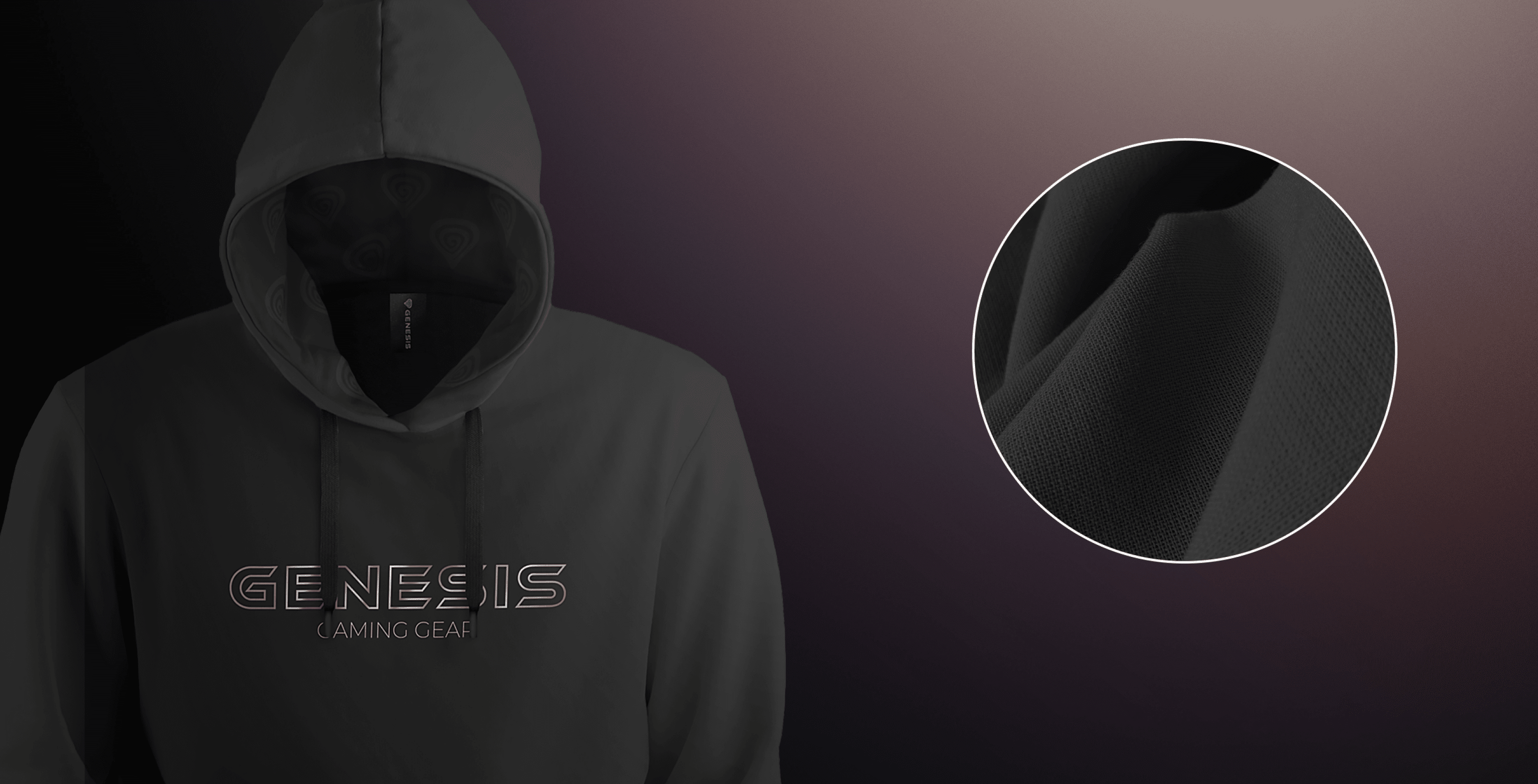 Sudadera con capucha con el logotipo "GENESIS GAMING GEAR", en tejido gris oscuro con un detalle del material en primer plano