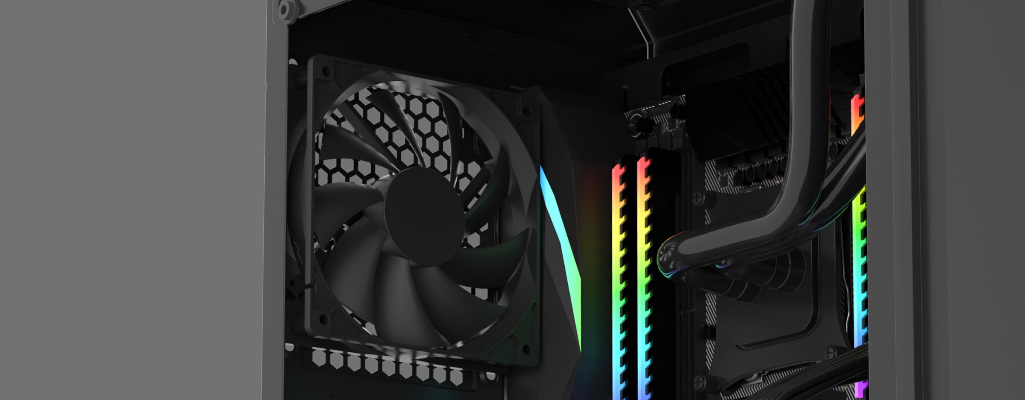Caja torre Genesis Irid 505F MIDI negra con ventana e iluminación RGB, que muestra los componentes internos y un ventilador de refrigeración