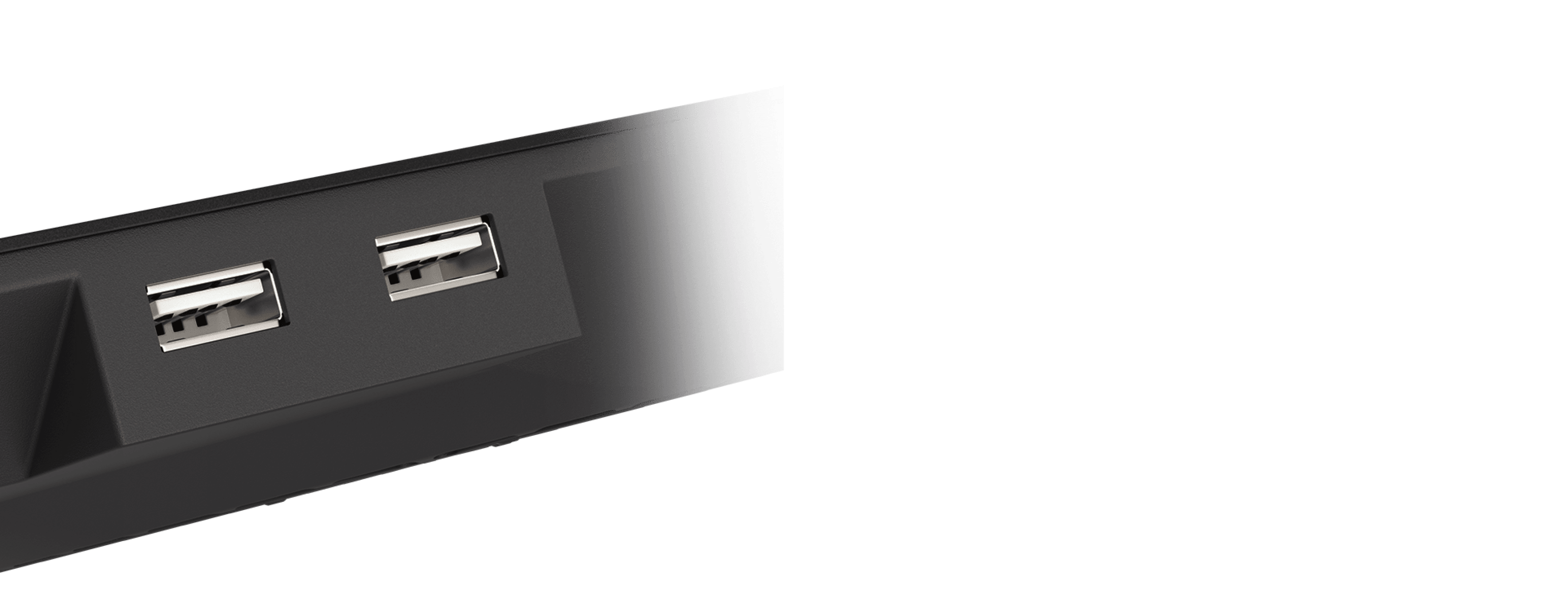 Vista en primer plano de los puertos USB del refrigerador para portátil Genesis OXID 450 RGB. Dispone de dos conexiones USB